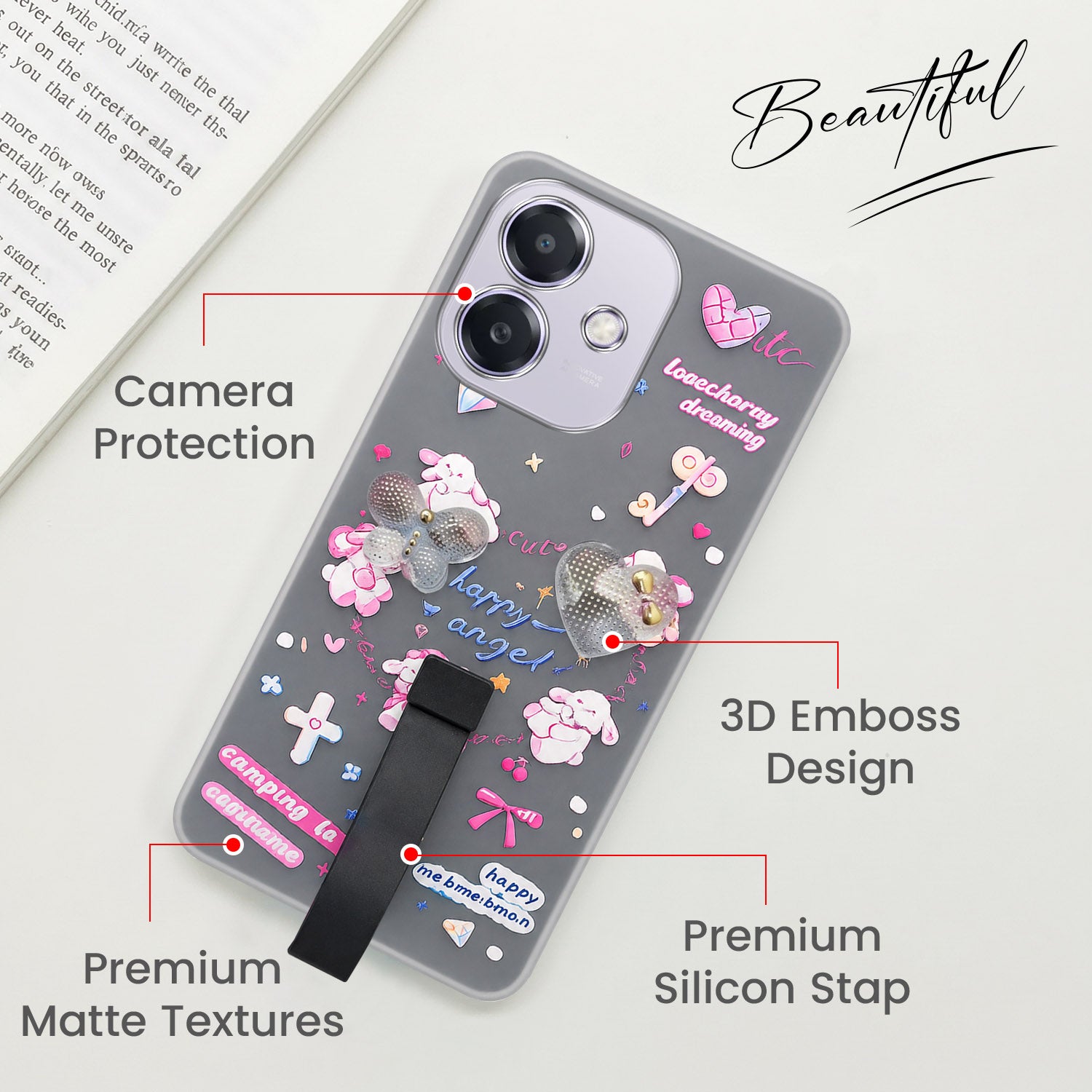 For Oppo A3X (4G/5G) | Oppo A3 5G Back Cover Case (3D Cute Heart Strap Holder | Camera Protection | Designer Girls Print)