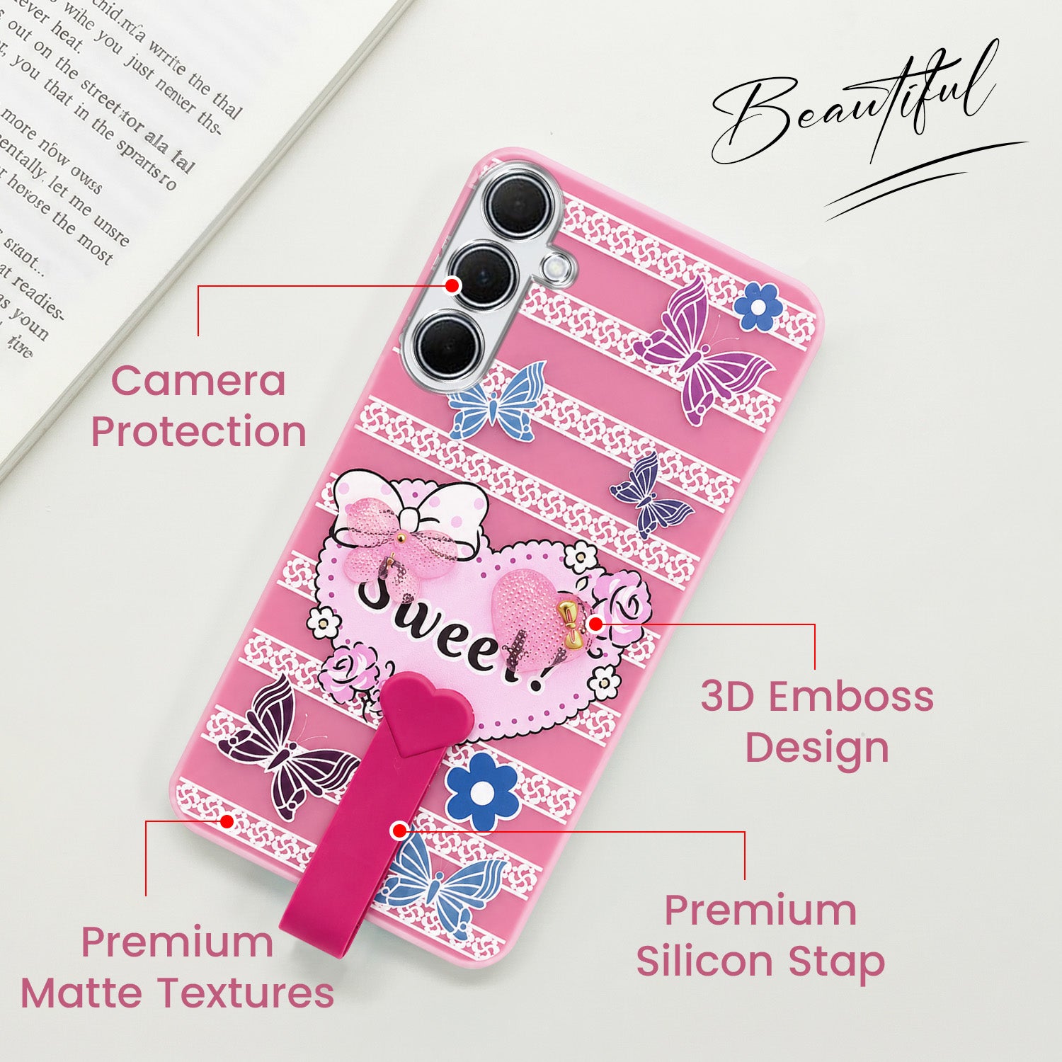 For Samsung Galaxy A35 5G Back Cover Case (3D Cute Heart Strap Holder | Camera Protection | Designer Girls Print)
