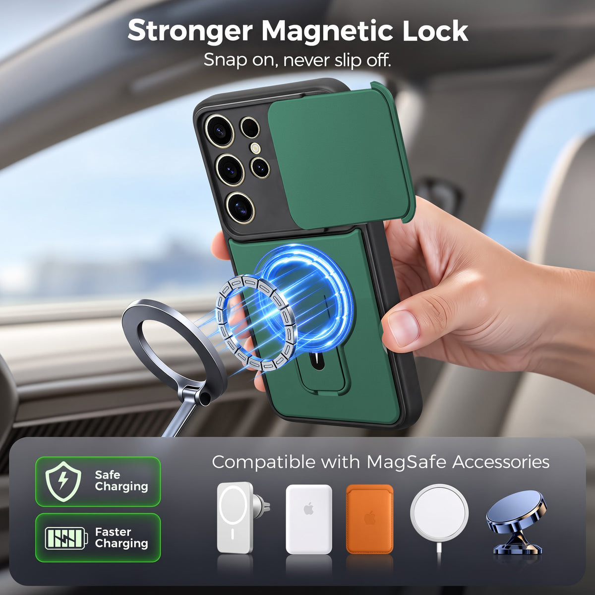 For Samsung Galaxy S24 Ultra Back Case Cover Metallic (Hybrid Armor Kickstand | Sliding Shutter Camera Protection | MagSafe Compatible)