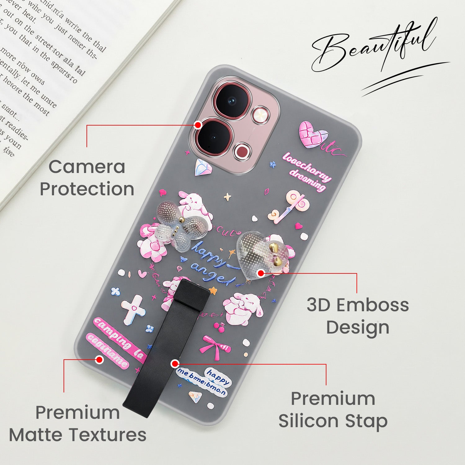 For Vivo Y51 Pro 5G | Vivo T5x Back Cover Case (3D Cute Heart Strap Holder | Camera Protection | Designer Girls Print)