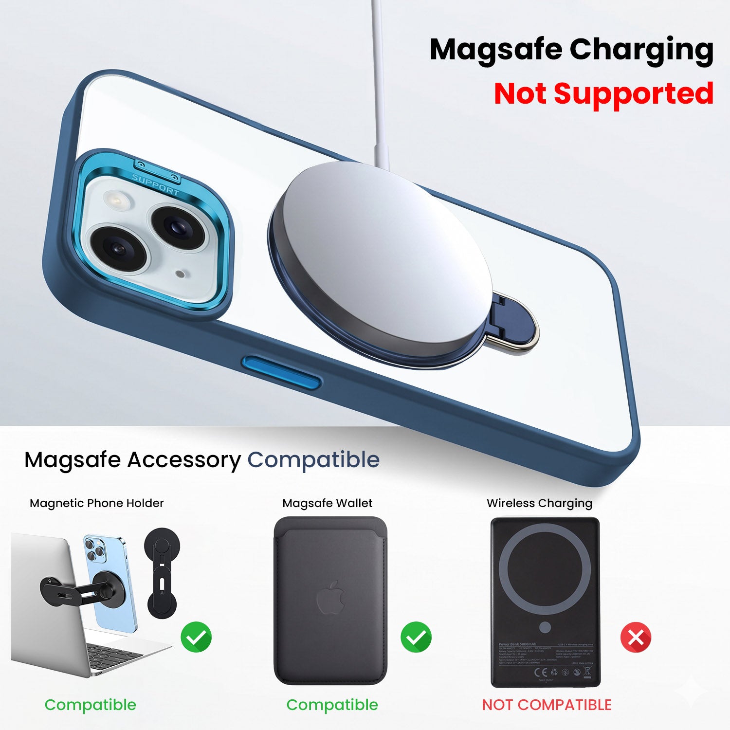 For Apple iPhone 15 Back Cover Case Crystal (Lifetime Anti Yellow | Magnetic Ring Stand | Camera Lens Protection | MagSafe Compatible)