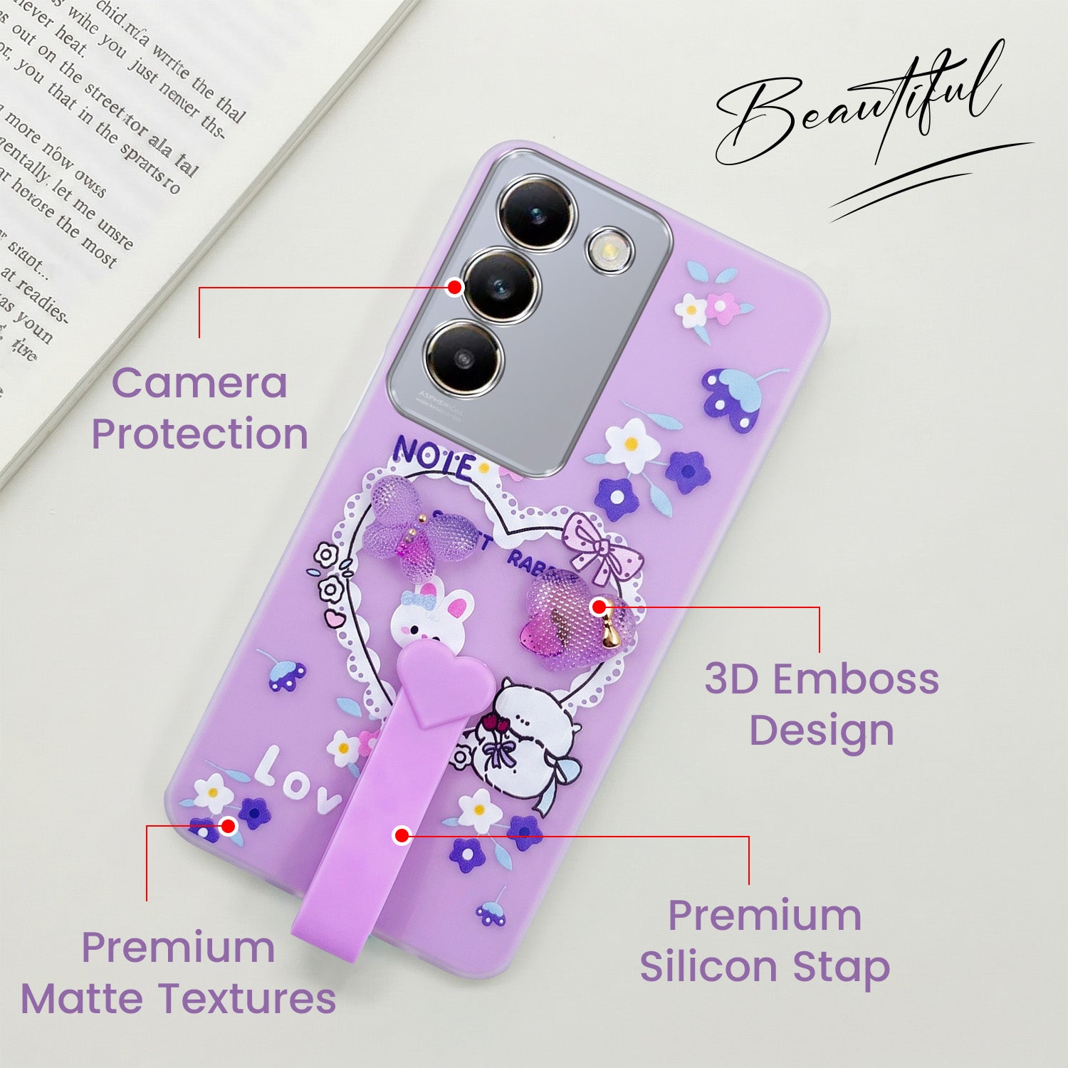 For Vivo T3 5G Back Cover Case (3D Cute Heart Strap Holder | Camera Protection | Designer Girls Print)