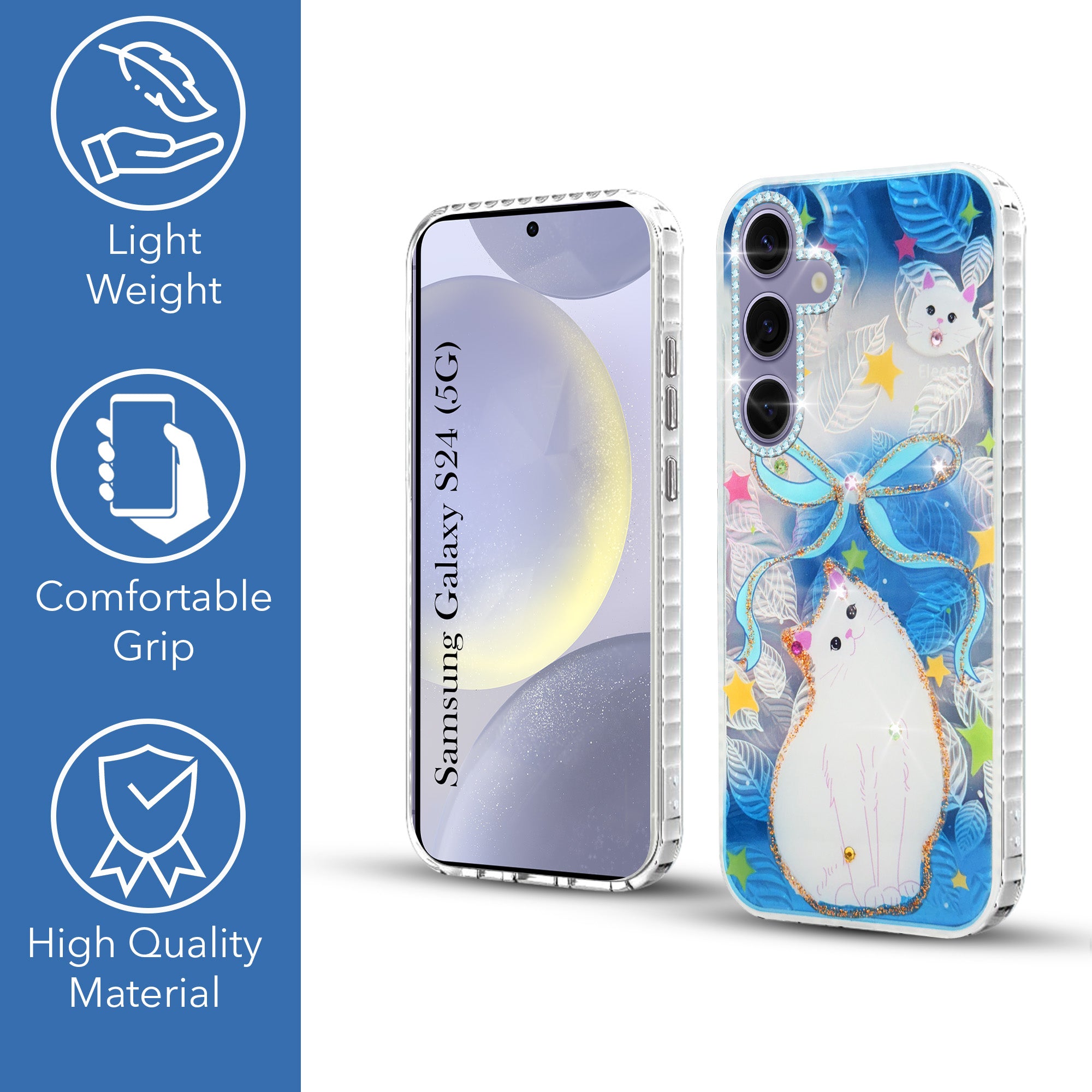 For Samsung Galaxy S24 Back Cover Case (Luxury Floral Glitter Cute Butterfly | Diamond Studded Camera Bump | Girls & Women Design)