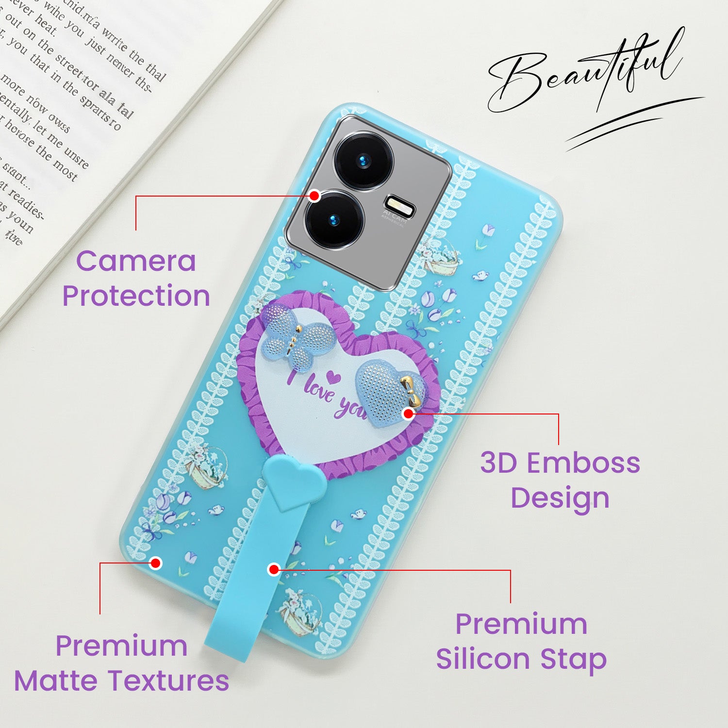 For Vivo Y22 | Vivo Y22s Back Cover Case (3D Cute Heart Strap Holder | Camera Protection | Designer Girls Print)