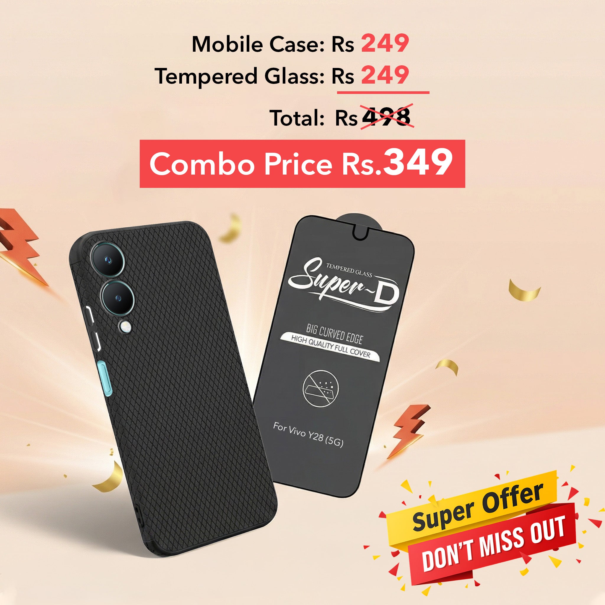 For Vivo Y28 5G Combo with Back Cover and 9H Tempered Glass (Liquid Silicone | Camera Protection | Oleophobic Coating Screen Glass)