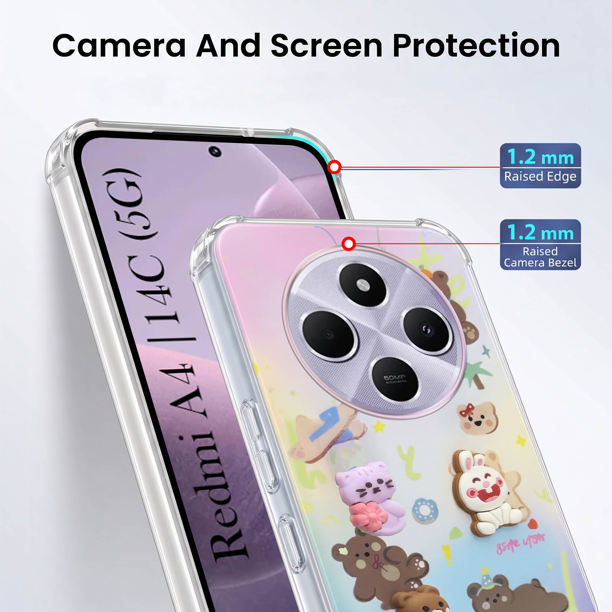 For Redmi A4 5G | Xiaomi Redmi 14C Back Cover Case (3D Cute Cartoons | Hard Back Side Soft | Matte Premium Finish | HD Printing)