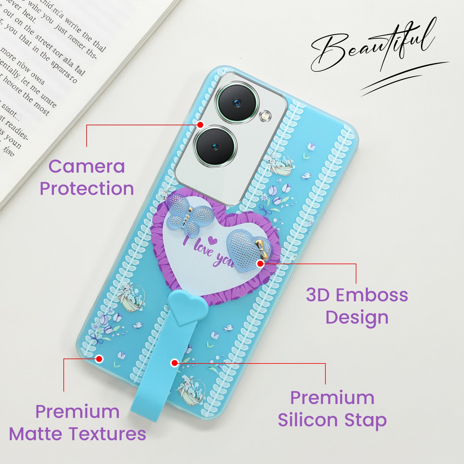 For Vivo Y18 | Y18e | Y03 | Y18i | Y18t Back Cover Case (3D Cute Heart Strap Holder | Camera Protection | Designer Girls Print)