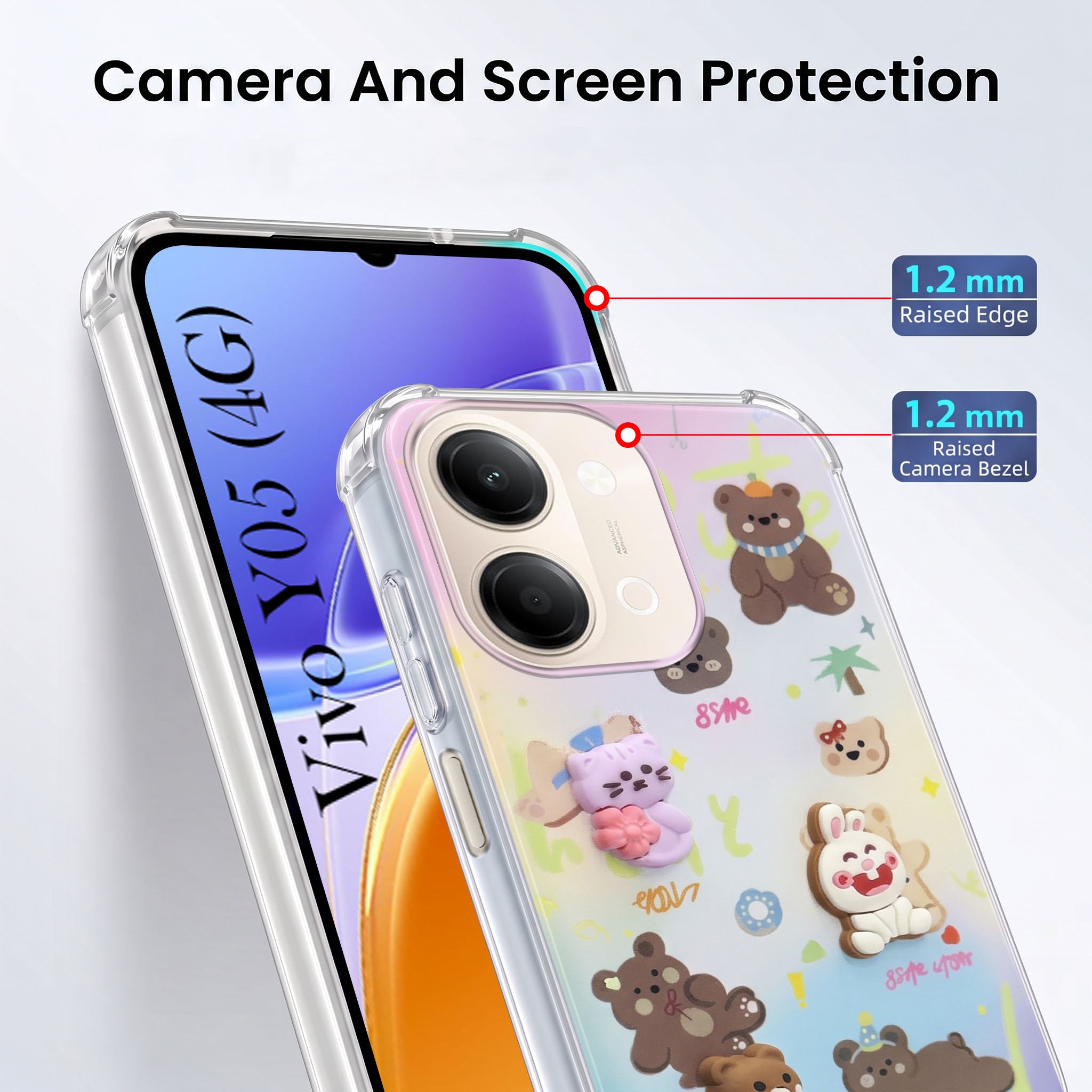 For Vivo Y05 4G Back Cover Case (3D Cute Cartoons | Hard Back Side Soft | Matte Premium Finish | HD Printing)