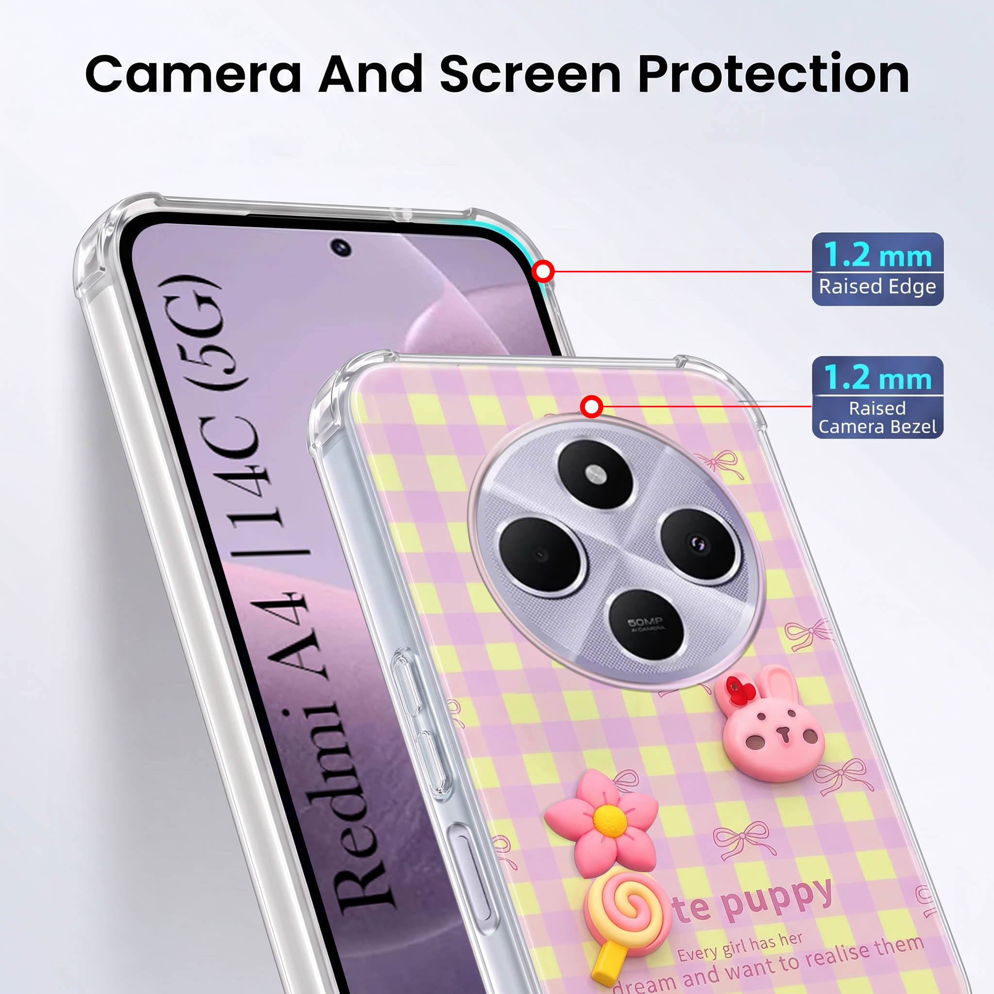 For Redmi A4 5G | Xiaomi Redmi 14C Back Cover Case (3D Cute Cartoons | Hard Back Side Soft | Matte Premium Finish | HD Printing)