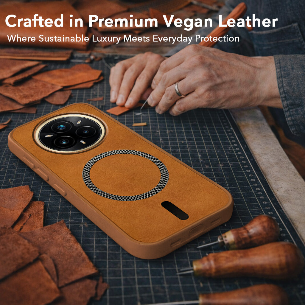 For Realme 14 Pro Plus 5G Back Cover Case Leather Finish (MagSafe Compatible Wireless Charging | Soft Touch | Camera Bump Protection)