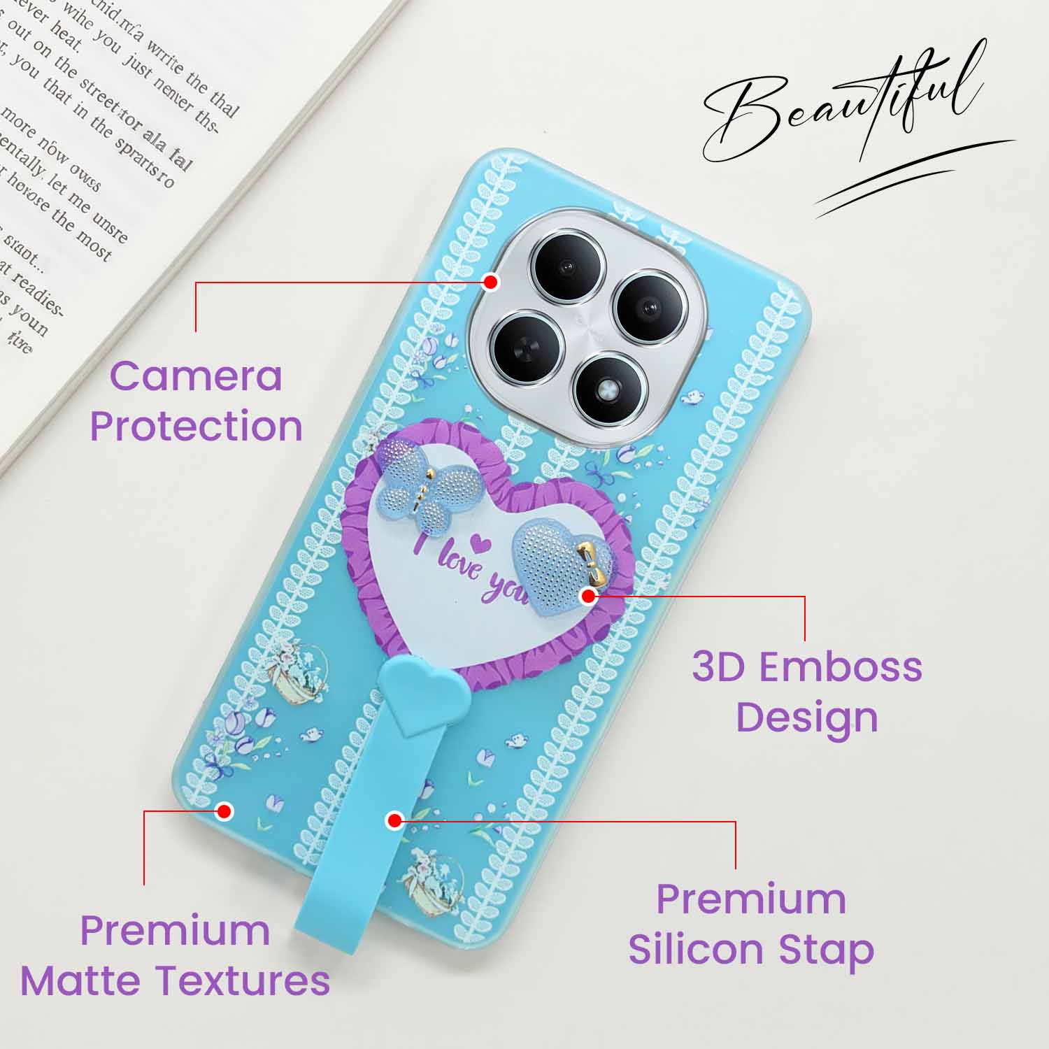 For Poco M8 5G Back Cover Case (3D Cute Heart Strap Holder | Camera Protection | Designer Girls Print)