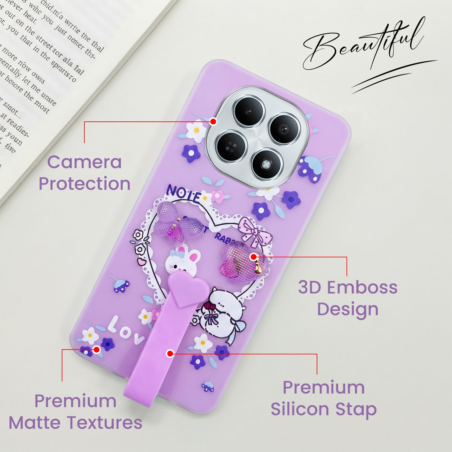For Xiaomi Redmi Note 15 5G | Redmi Note 15 SE 5G Back Cover Case (3D Cute Heart Strap Holder | Camera Protection | Designer Girls Print)
