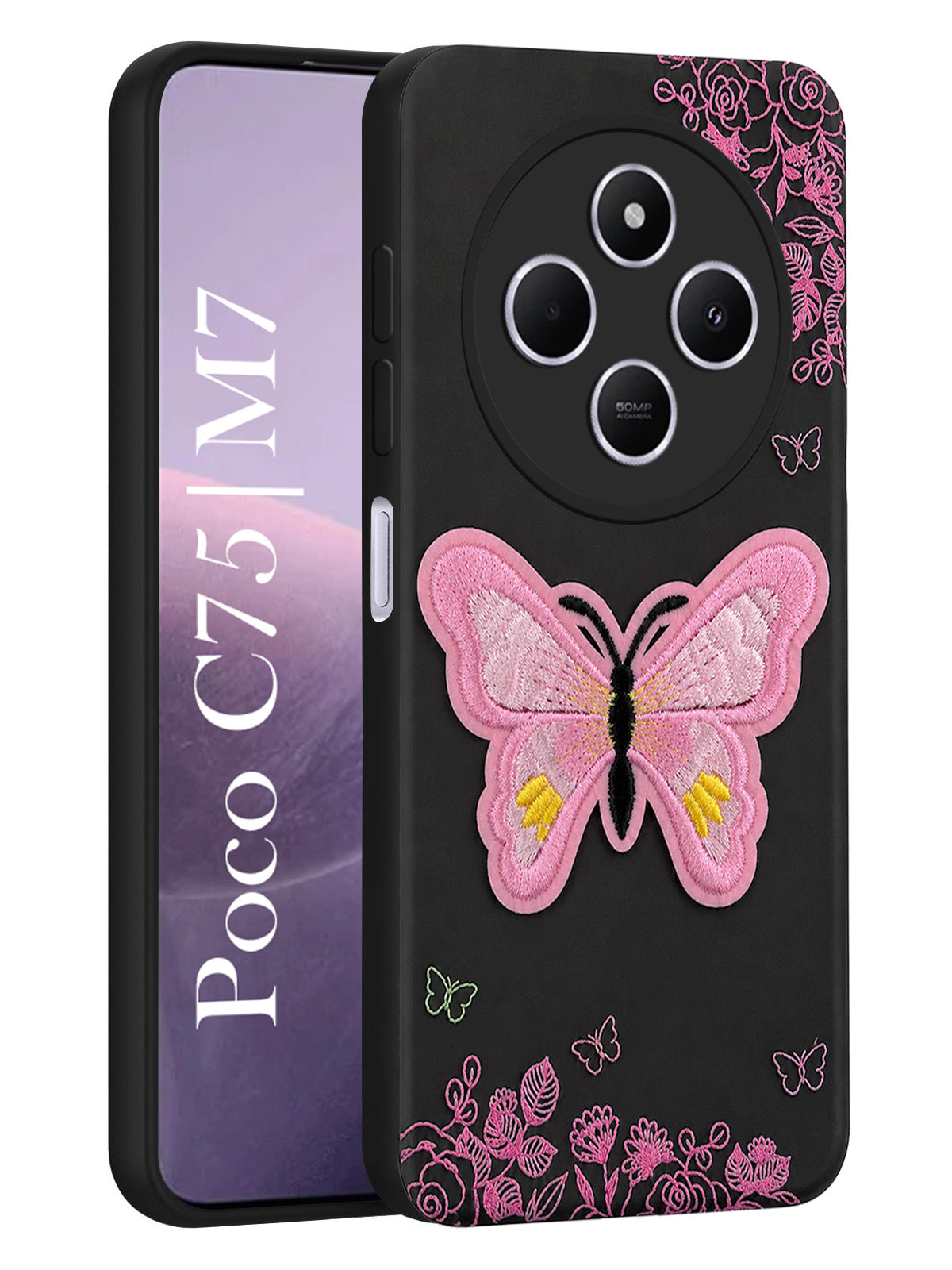 For Poco C75 | Poco M7 Back Cover Case (Soft Butterfly Embroidery | Women Teen Girls | Camera Protection| Matte Silicone)