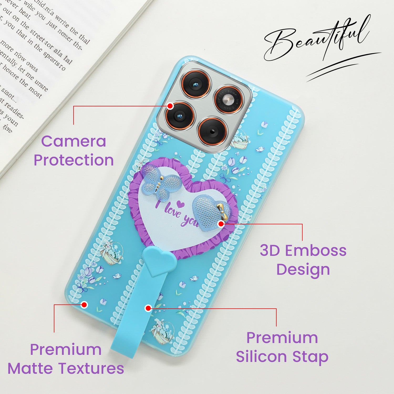 For Motorola Moto Edge 70 Back Cover Case (3D Cute Heart Strap Holder | Camera Protection | Designer Girls Print)