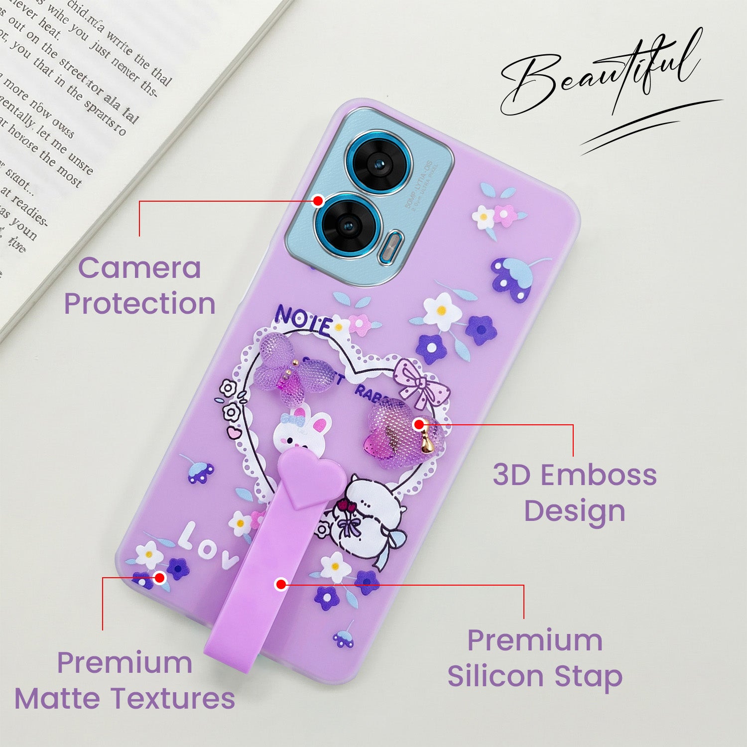 For Motorola Moto G96 Back Cover Case (3D Cute Heart Strap Holder | Camera Protection | Designer Girls Print)