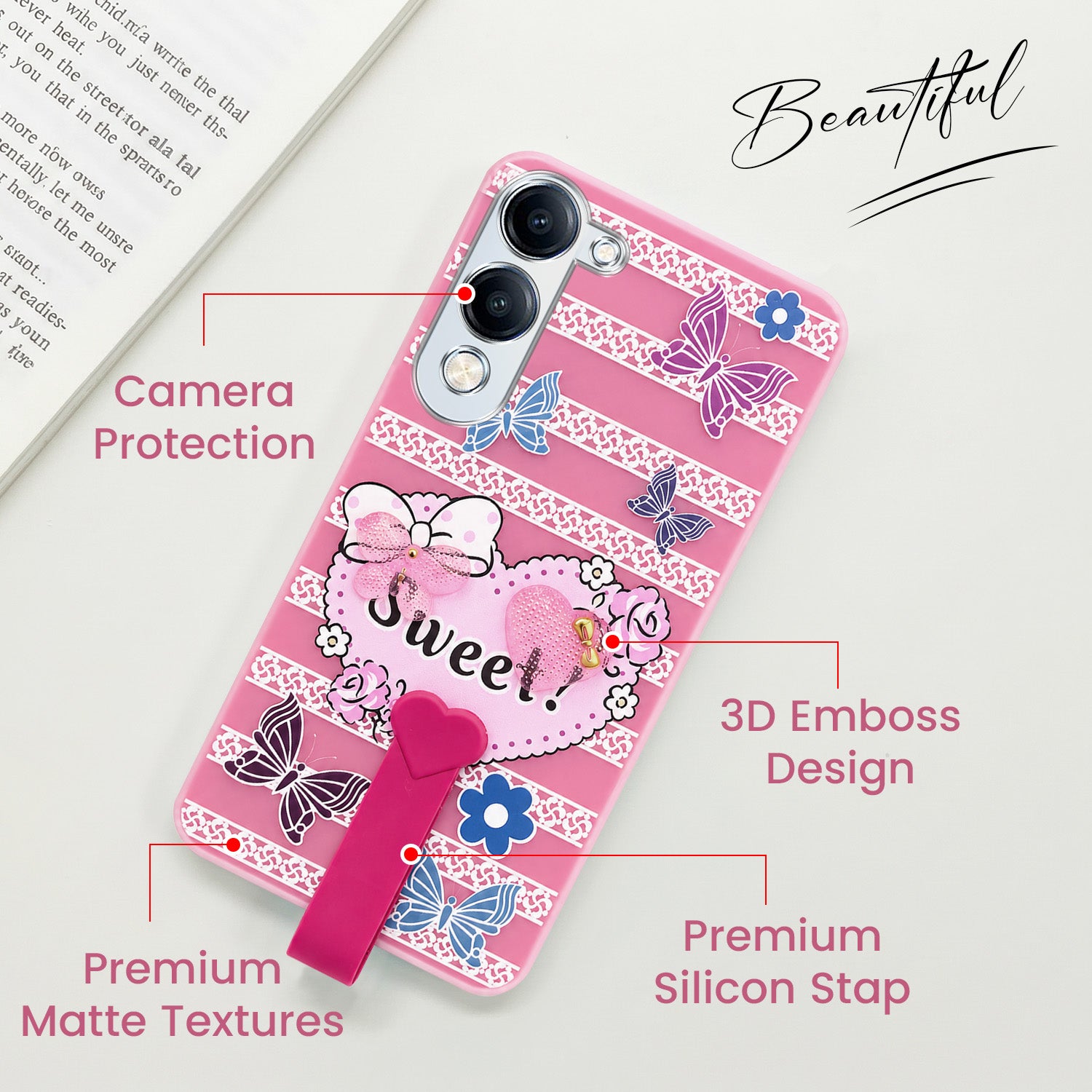 For Vivo iQOO Z10 Lite Back Cover Case (3D Cute Heart Strap Holder | Camera Protection | Designer Girls Print)