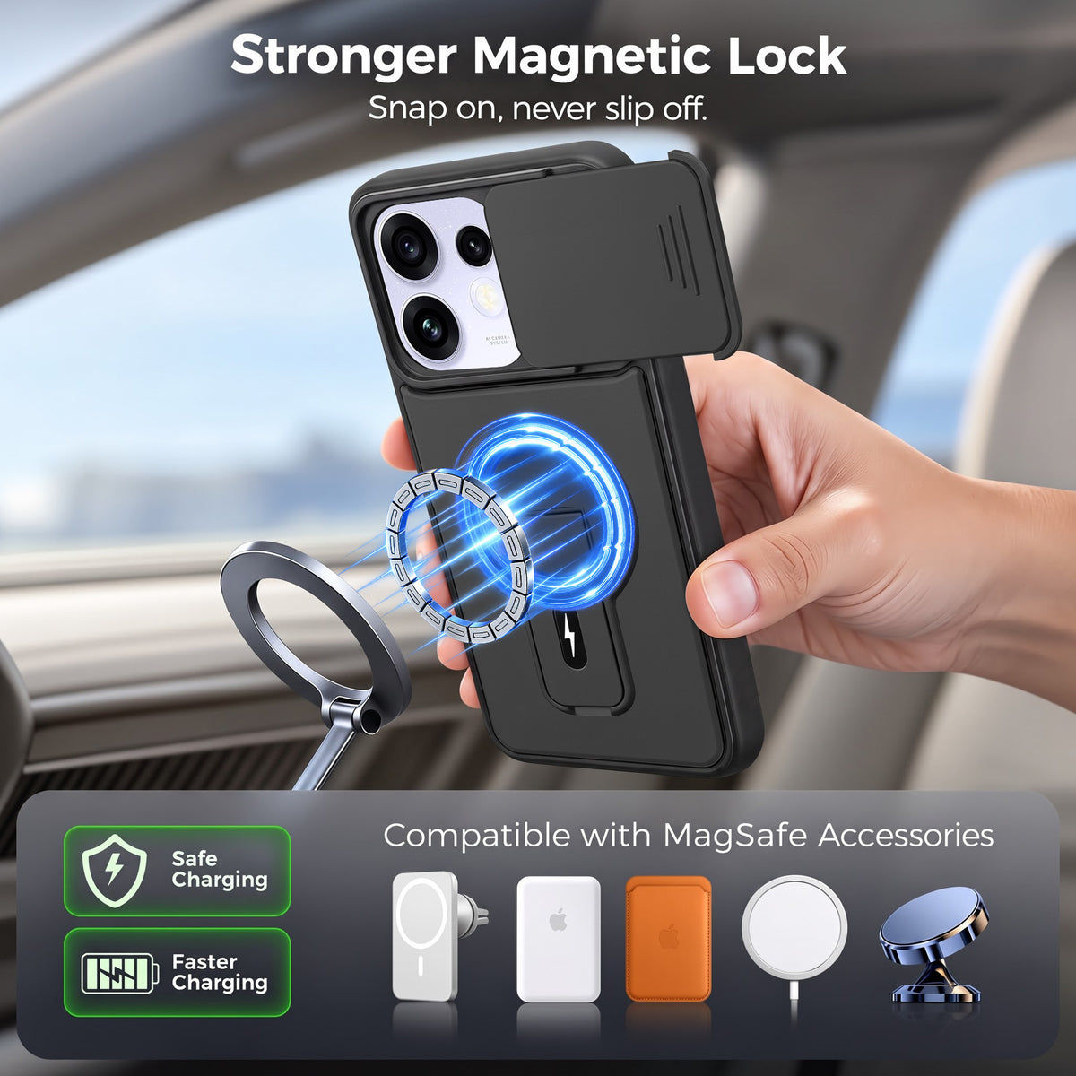 For Oppo Reno 16 Power Back Case Cover Metallic (Hybrid Armor Kickstand | Sliding Shutter Camera Protection | MagSafe Compatible)