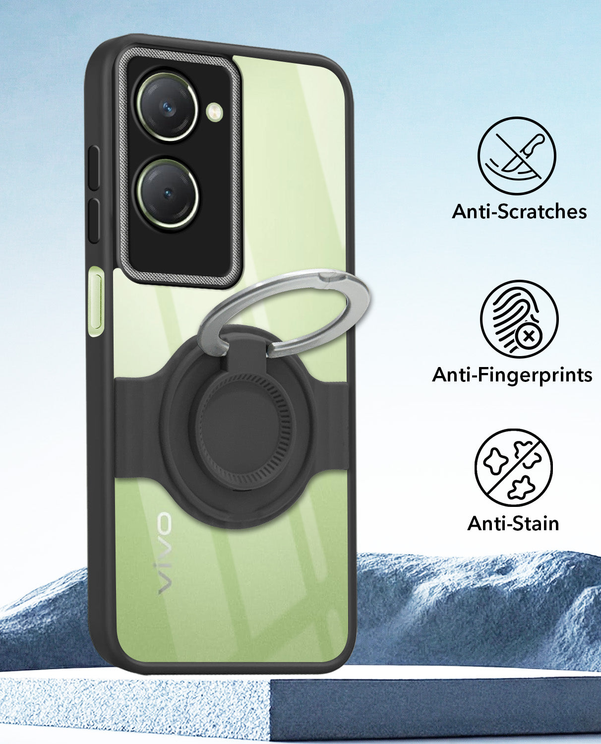 For Vivo T3 Lite 5G | Vivo Y28s 5G Back Cover Case with stand (Built-in Ring Holder Kickstand | Lifetime Anti Yellow | Camera Protection)