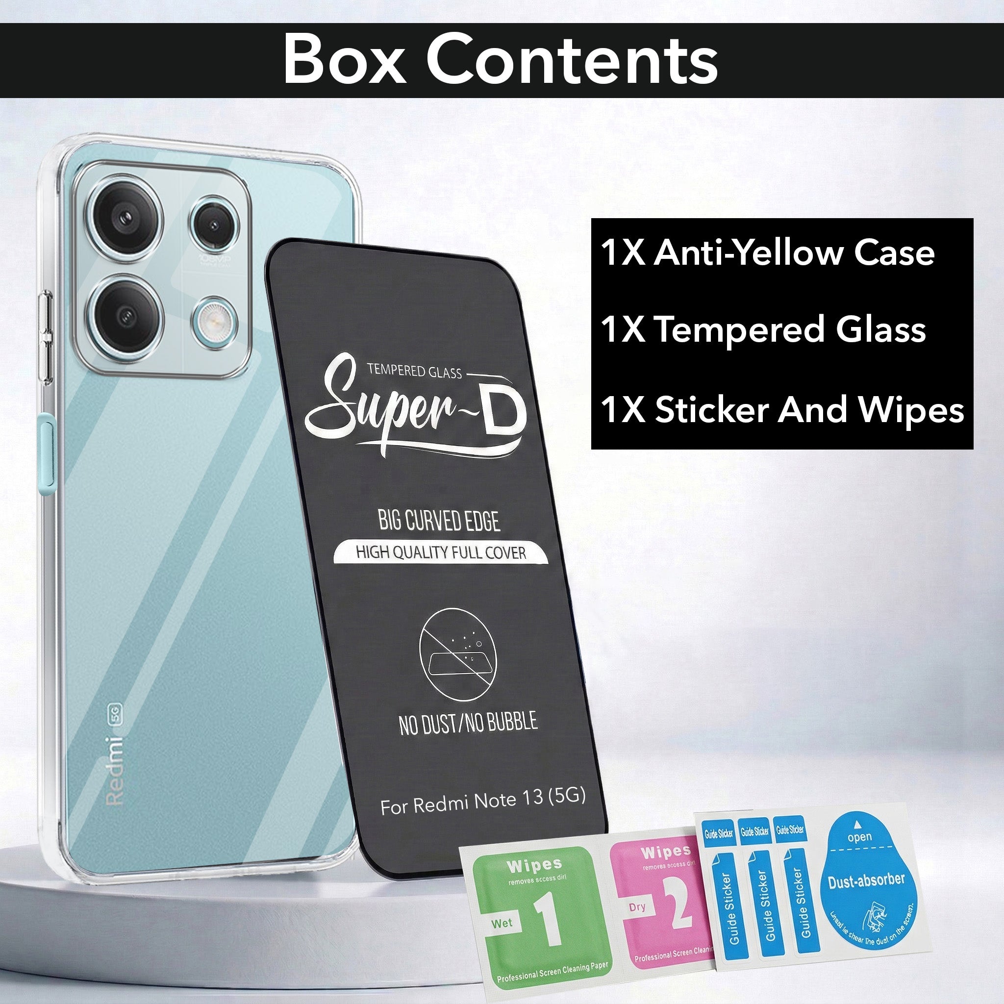 For Xiaomi Redmi Note 13 5G Combo with Back Cover and 9H Tempered Glass (Lifetime Anti-Yellow | Sleek Hard Crystal | Oleophobic Coating Screen Glass)