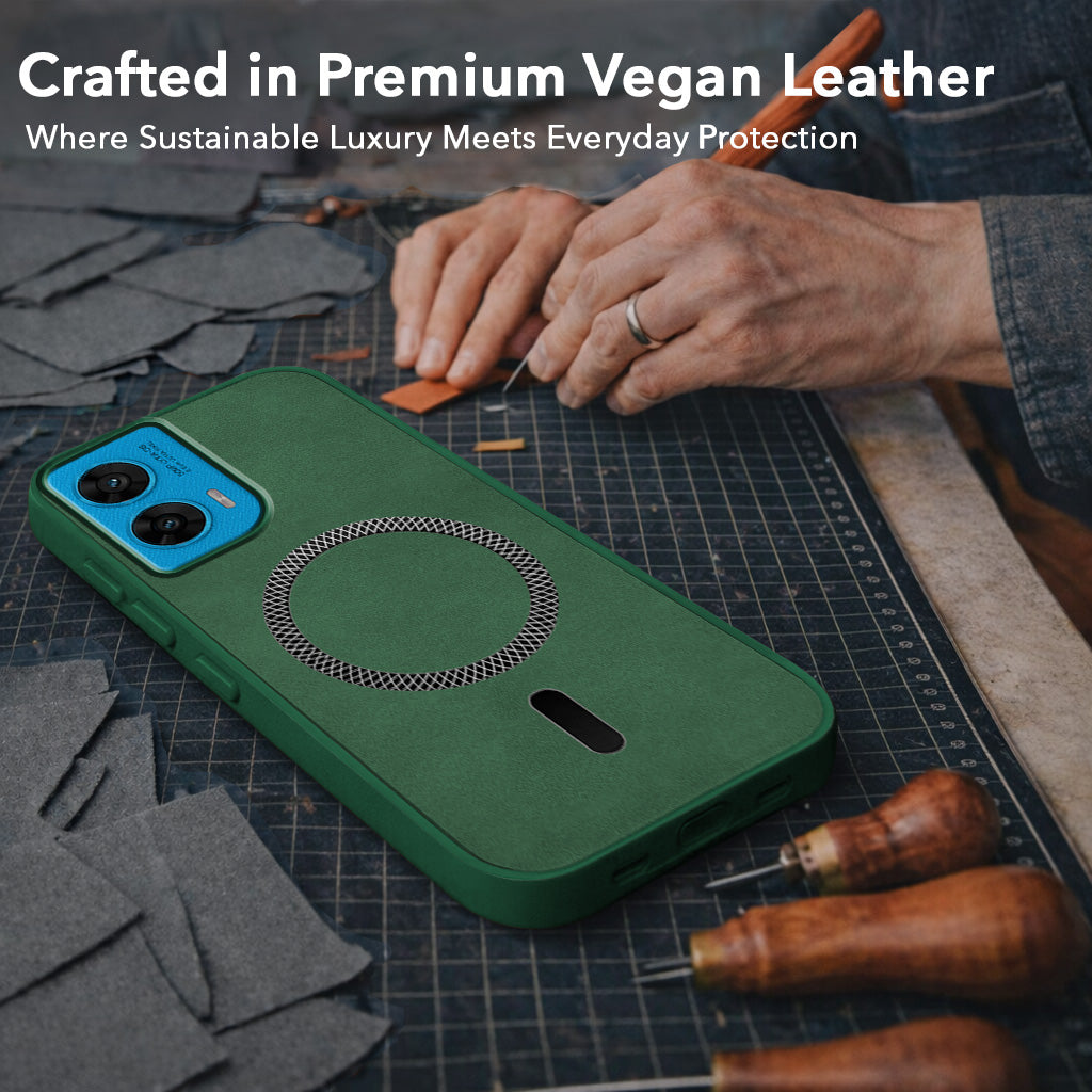 For Motorola Moto G96 Back Cover Case Leather Finish (MagSafe Compatible Wireless Charging | Soft Touch | Camera Bump Protection)
