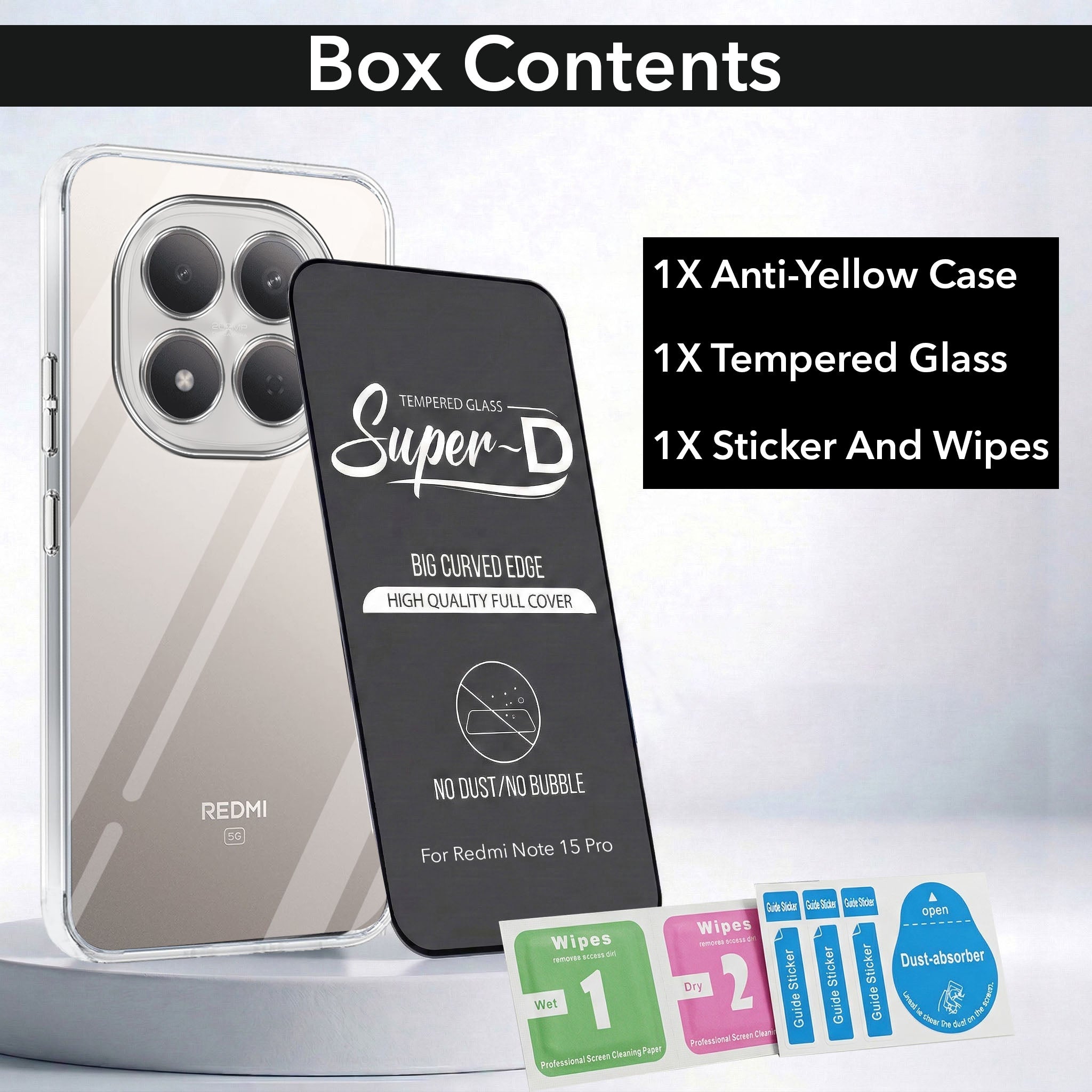 For Xiaomi Redmi Note 15 Pro 5G Combo with Back Cover and 9H Tempered Glass (Lifetime Anti-Yellow | Sleek Hard Crystal | Oleophobic Coating Screen Glass)