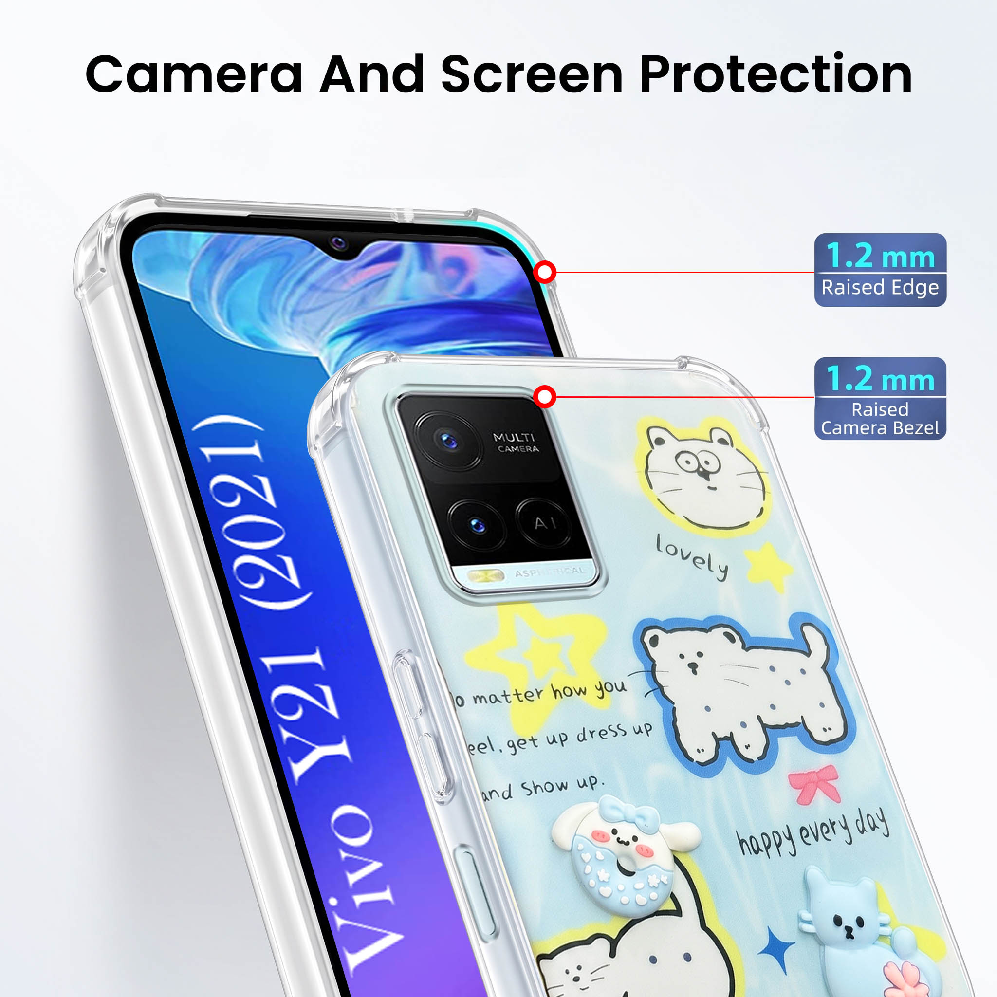 For Vivo Y21 2021 Back Cover Case (3D Cute Cartoons | Hard Back Side Soft | Matte Premium Finish | HD Printing)