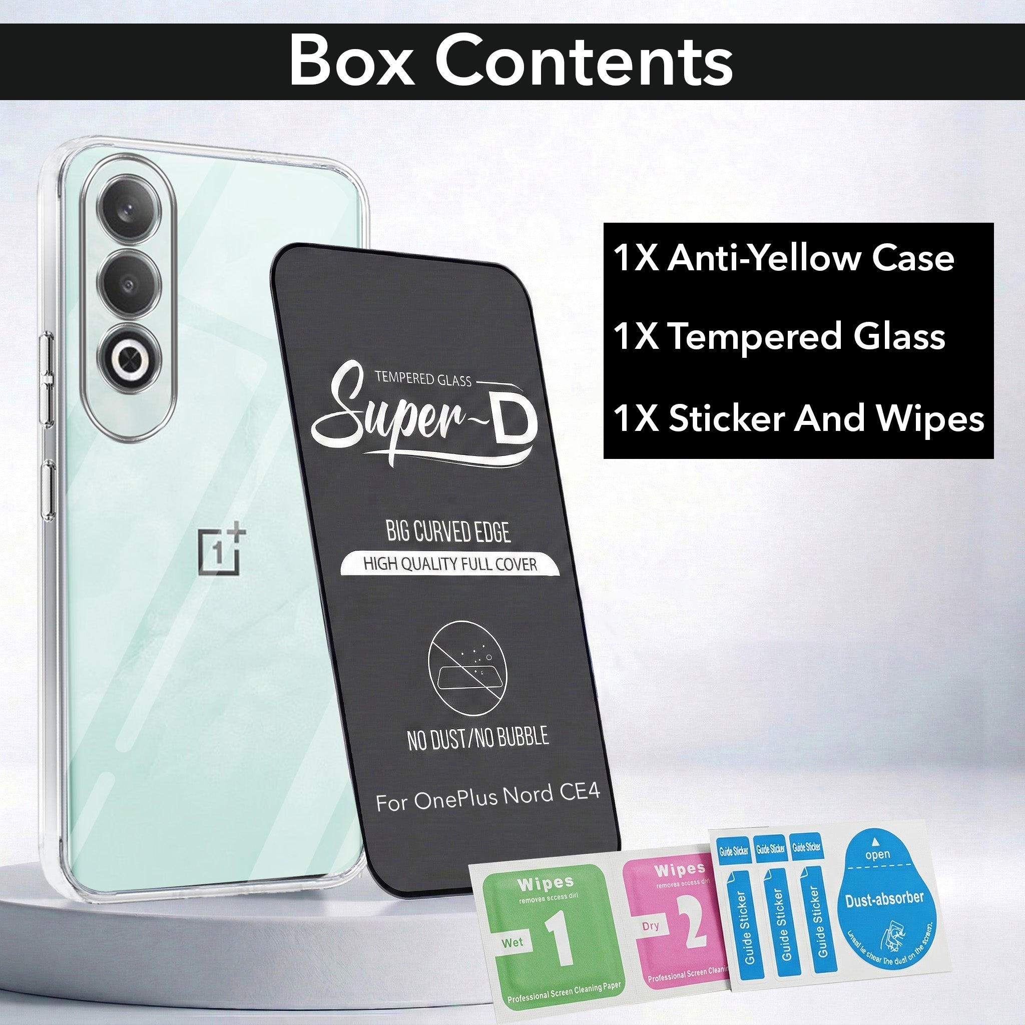 For Oneplus Nord CE 4 Combo with Back Cover and 9H Tempered Glass (Lifetime Anti-Yellow | Sleek Hard Crystal | Oleophobic Coating Screen Glass)