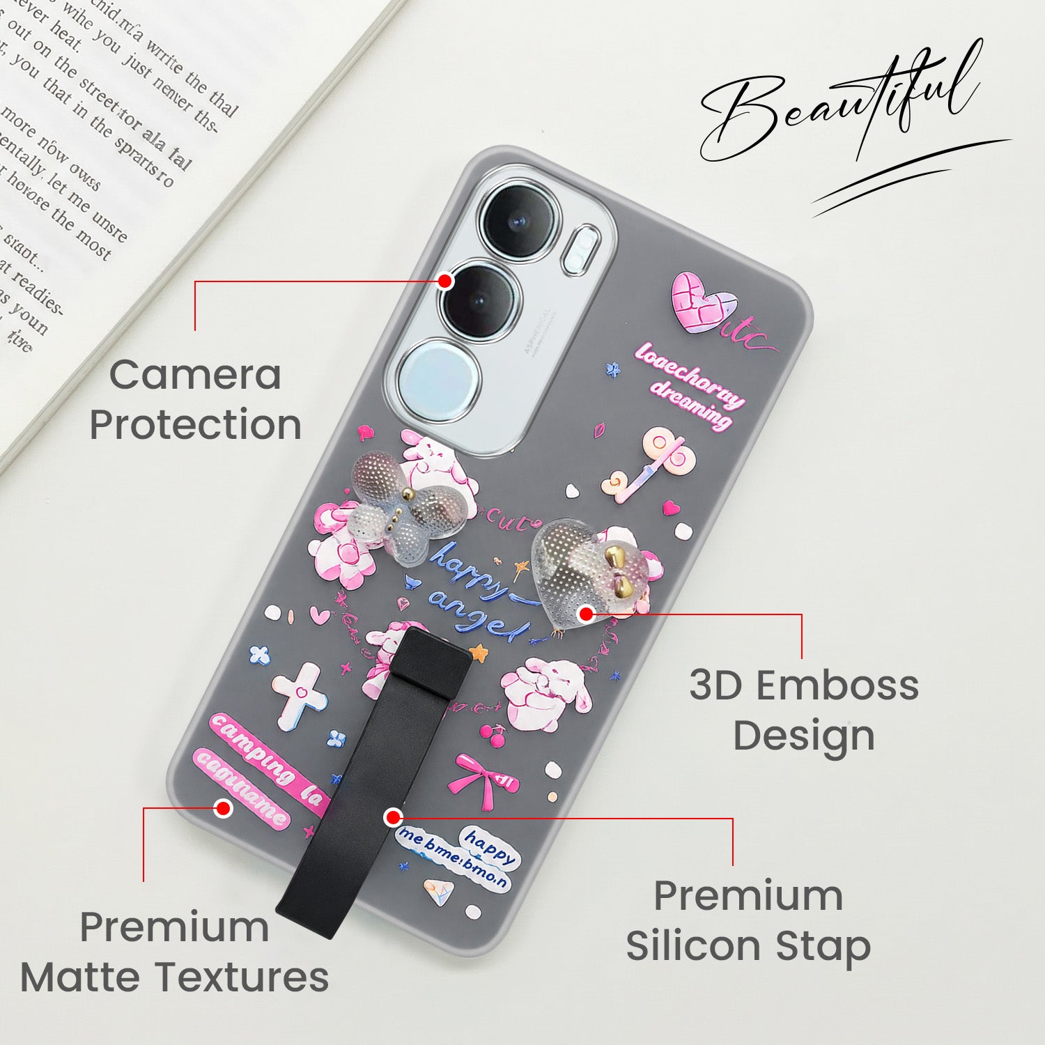 For Vivo Y29 Back Cover Case (3D Cute Heart Strap Holder | Camera Protection | Designer Girls Print)