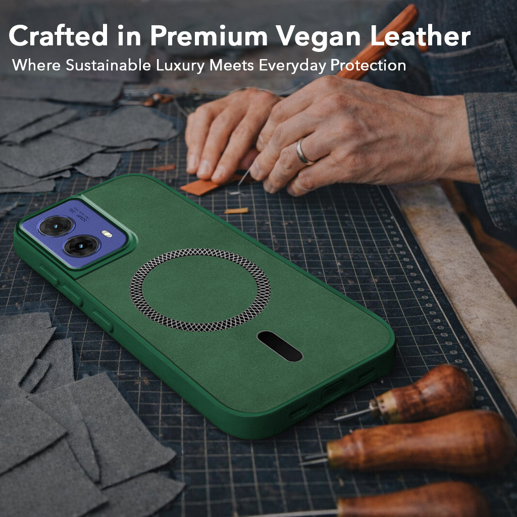 For Motorola Moto G85 5G Back Cover Case Leather Finish (MagSafe Compatible Wireless Charging | Soft Touch | Camera Bump Protection)