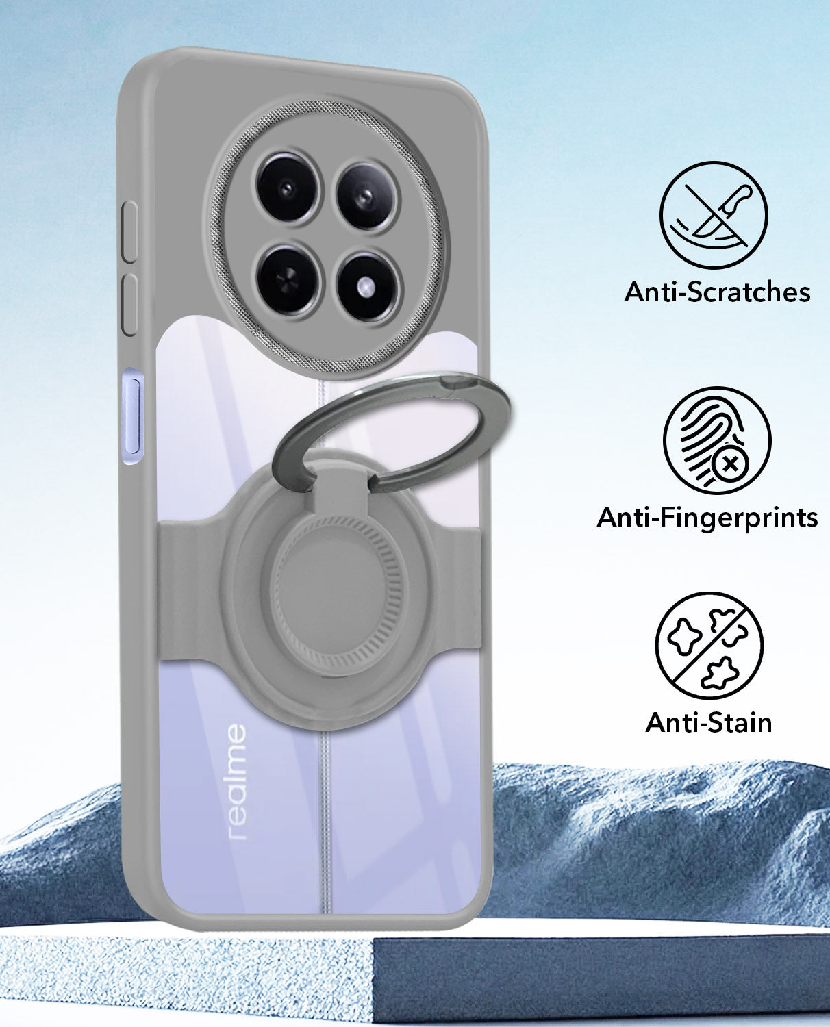 For Realme 12 | Realme 12X Back Cover Case with stand (Built-in Ring Holder Kickstand | Lifetime Anti Yellow | Camera Protection)