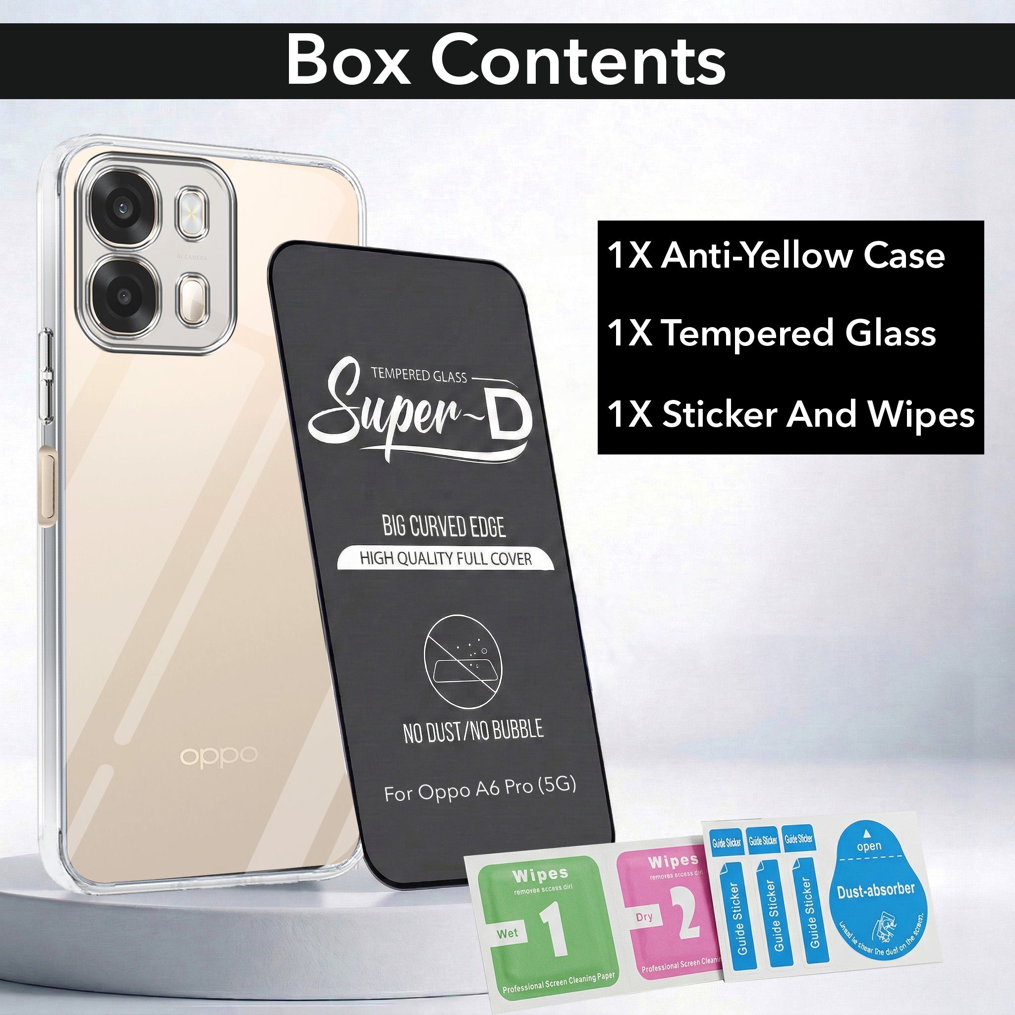For Oppo A6 Pro Combo with Back Cover and 9H Tempered Glass (Lifetime Anti-Yellow | Sleek Hard Crystal | Oleophobic Coating Screen Glass)
