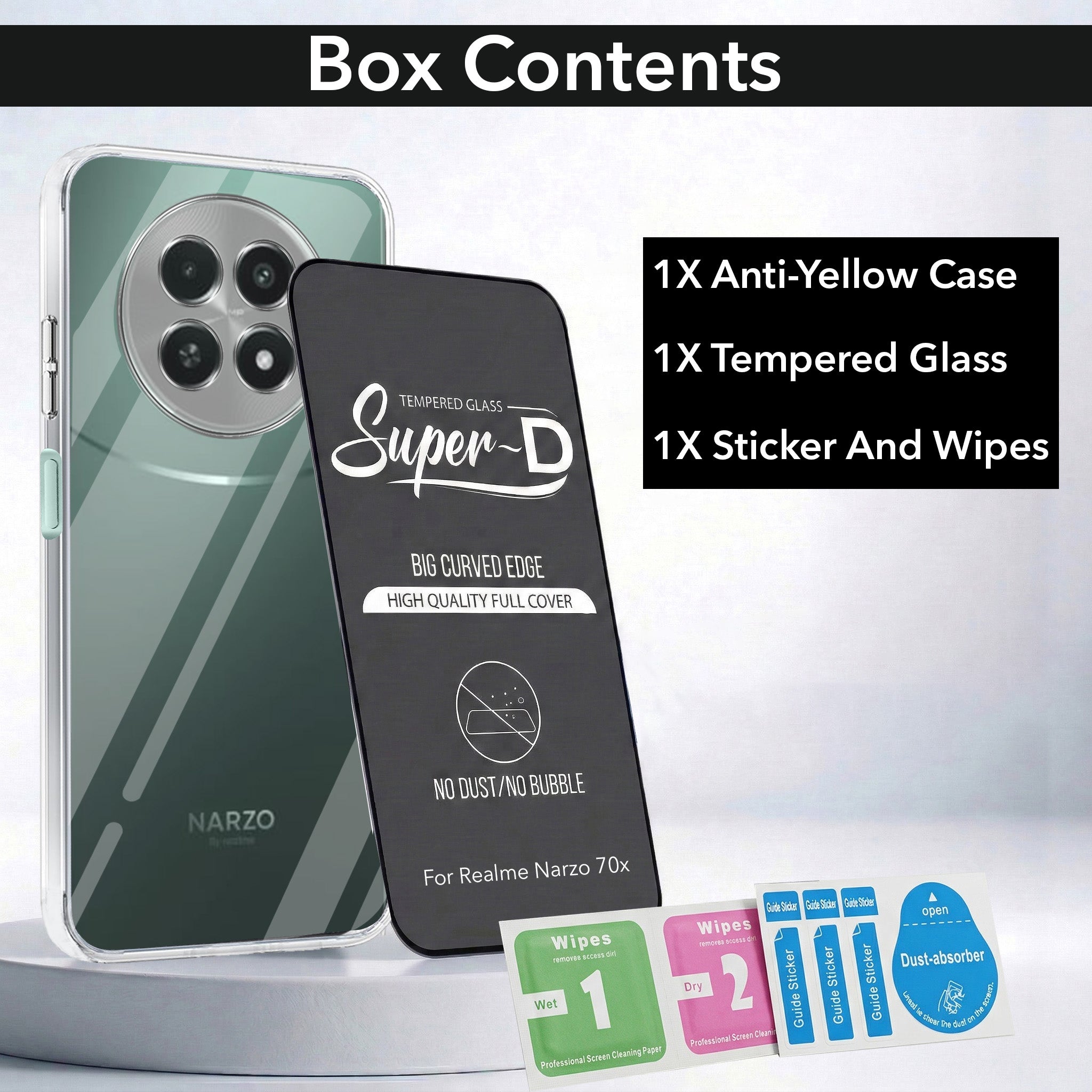 For Realme Narzo 70x 5G Combo with Back Cover and 9H Tempered Glass (Lifetime Anti-Yellow | Sleek Hard Crystal | Oleophobic Coating Screen Glass)