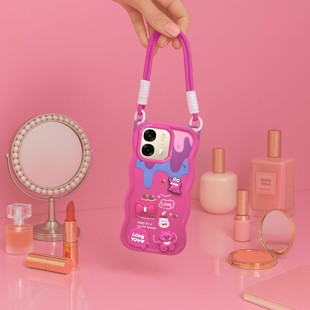 For Oppo A6 Pro Back Case Cover Strap (3D Embossed Figures | Strap Holder | 360* Soft Cushion with Camera Bump)