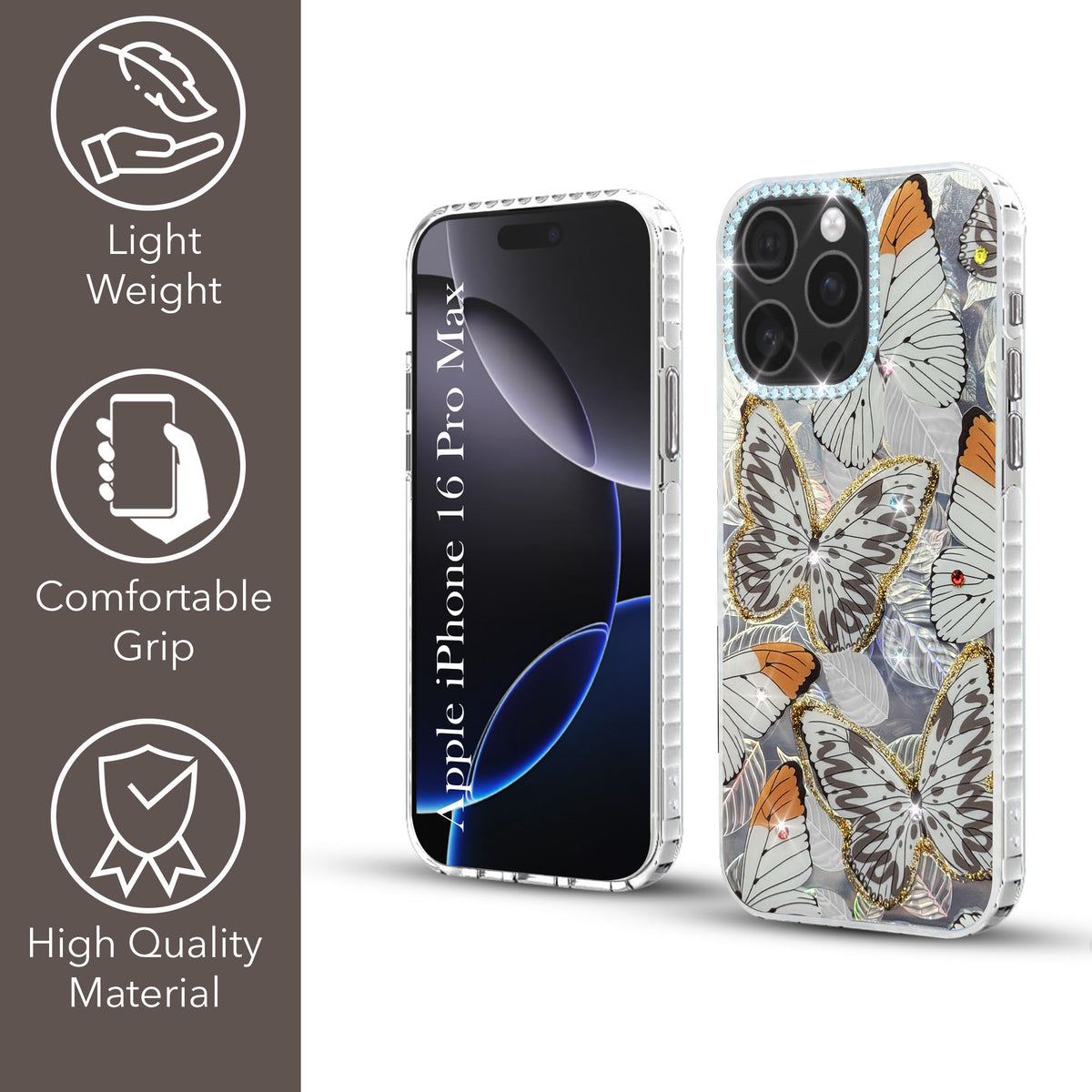 For iPhone 16 Pro Max Back Cover Case (Luxury Floral Glitter Cute Butterfly | Diamond Studded Camera Bump | Girls & Women Design)
