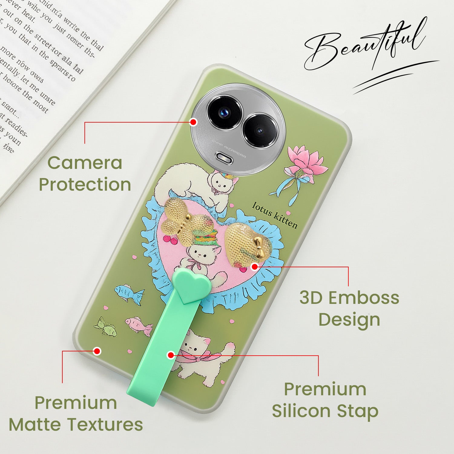 For Realme Narzo 60x Back Cover Case (3D Cute Heart Strap Holder | Camera Protection | Designer Girls Print)