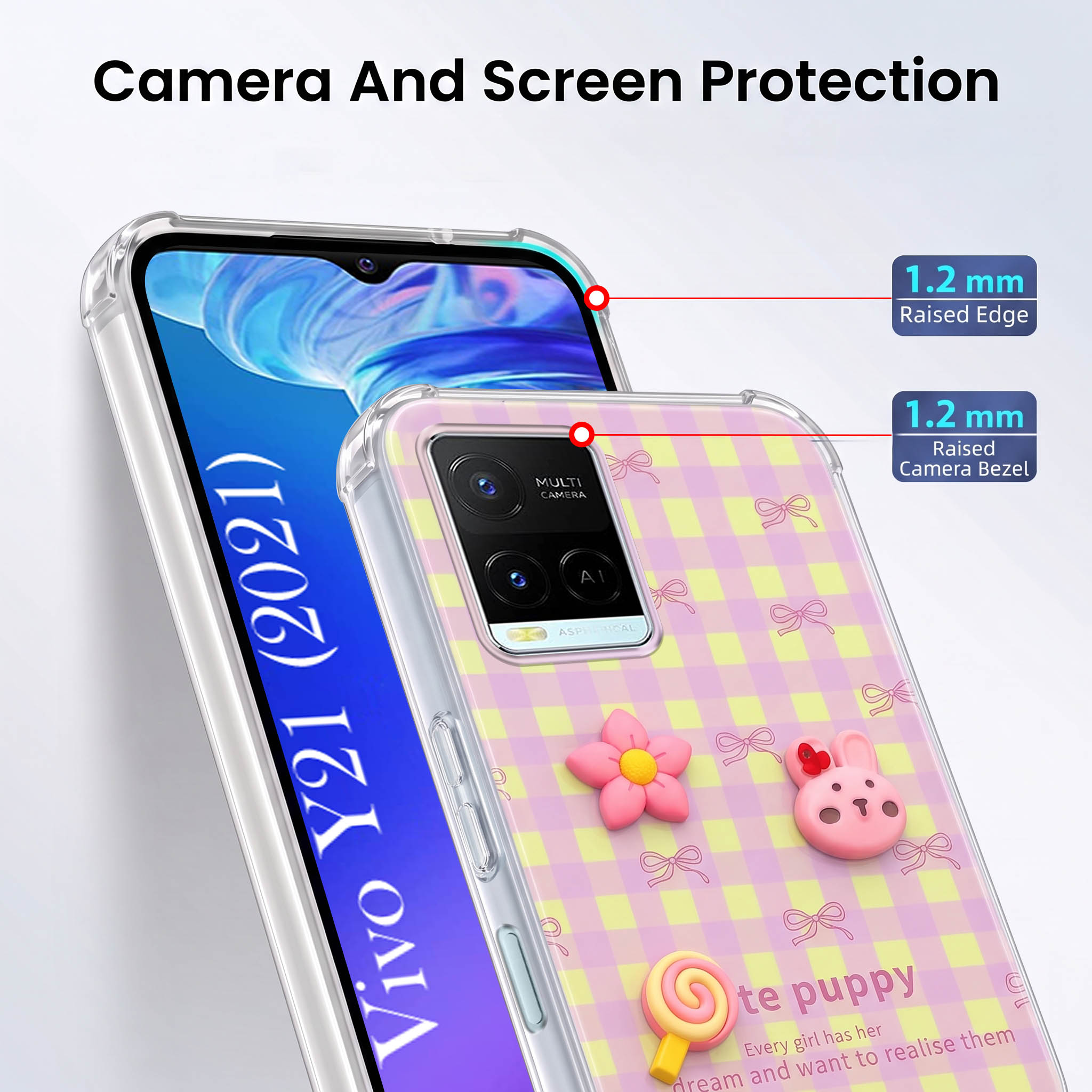 For Vivo Y21 2021 Back Cover Case (3D Cute Cartoons | Hard Back Side Soft | Matte Premium Finish | HD Printing)