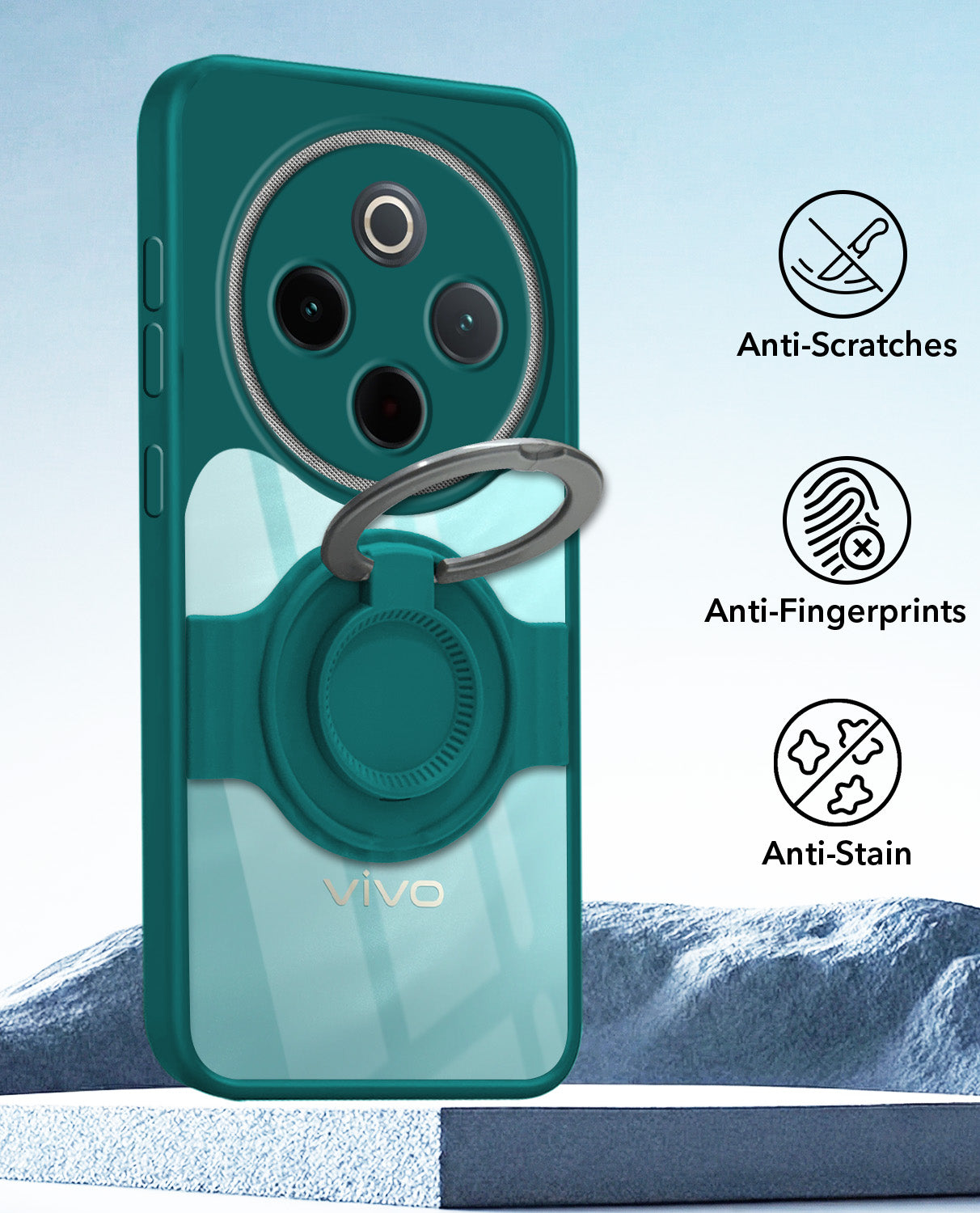 For Vivo T4 Back Cover Case with stand (Built-in Ring Holder Kickstand | Lifetime Anti Yellow | Camera Protection)