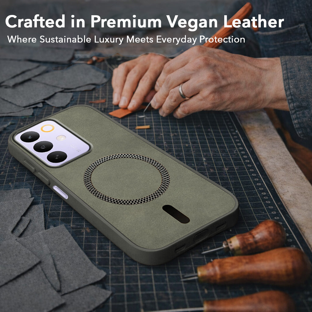 For Realme C85 5G | Realme Narzo 90x Back Cover Case Leather Finish (MagSafe Compatible Wireless Charging | Soft Touch | Camera Bump Protection)