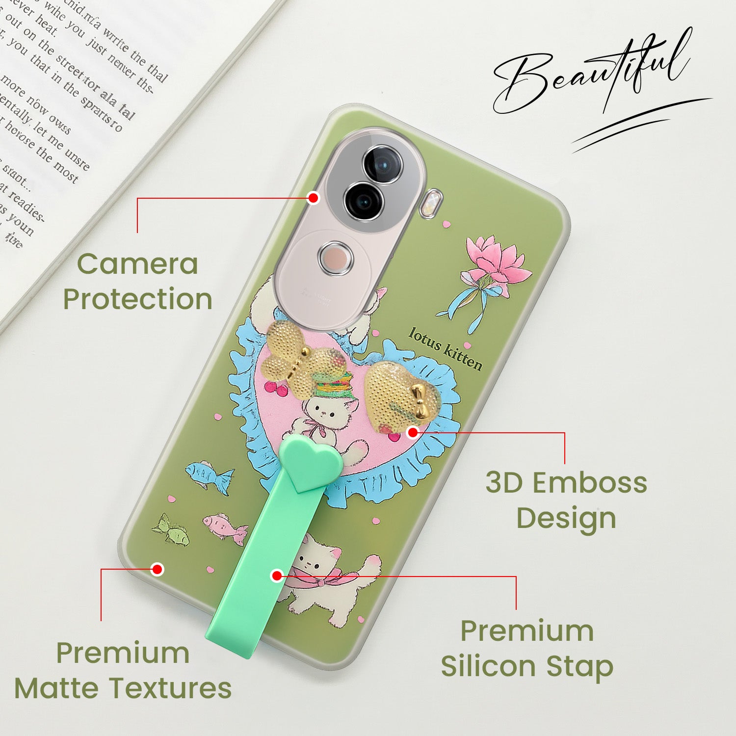 For Vivo V40e Back Cover Case (3D Cute Heart Strap Holder | Camera Protection | Designer Girls Print)