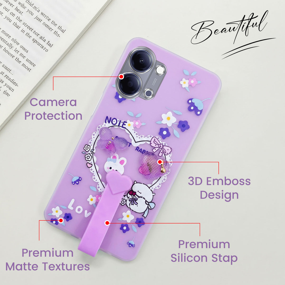 For Vivo Y05 (4G) | Vivo T5 Lite (5G) Back Cover Case (3D Cute Heart Strap Holder | Camera Protection | Designer Girls Print)