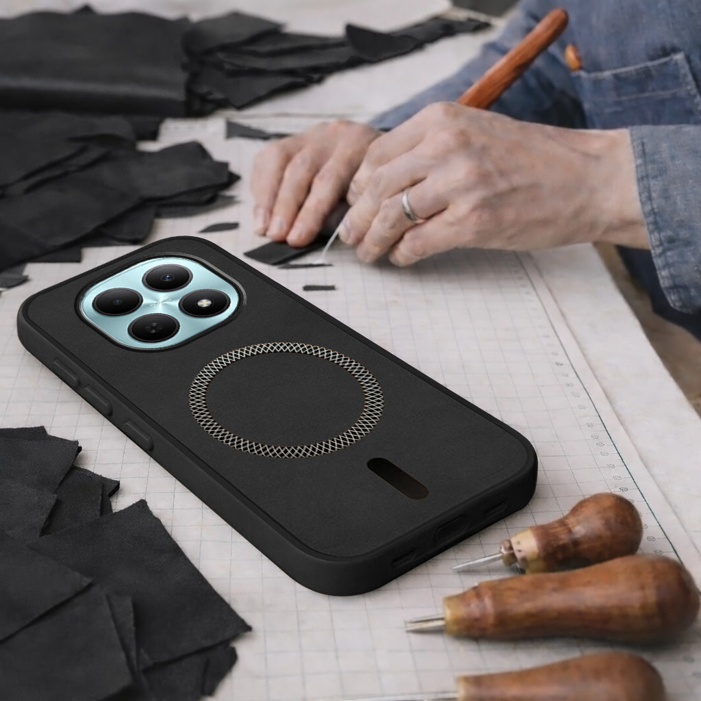 For Poco M8 5G Back Cover Case Leather Finish (MagSafe Compatible Wireless Charging | Soft Touch | Camera Bump Protection)