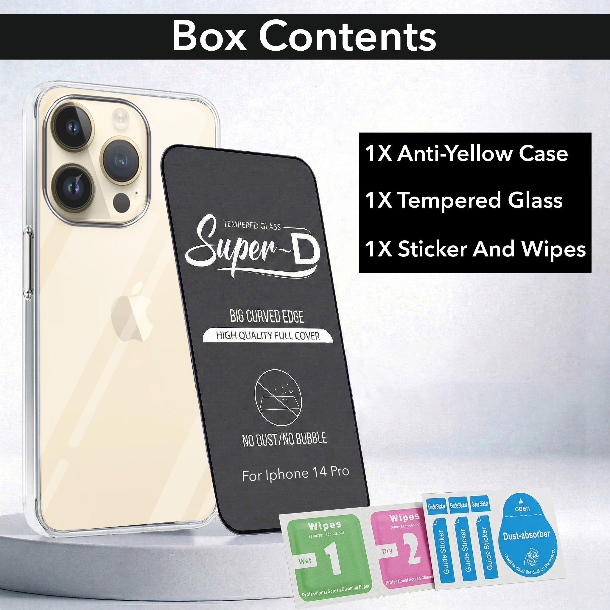 For Apple iPhone 14 Pro Combo with Back Cover and 9H Tempered Glass (Lifetime Anti-Yellow | Sleek Hard Crystal | Oleophobic Coating Screen Glass)
