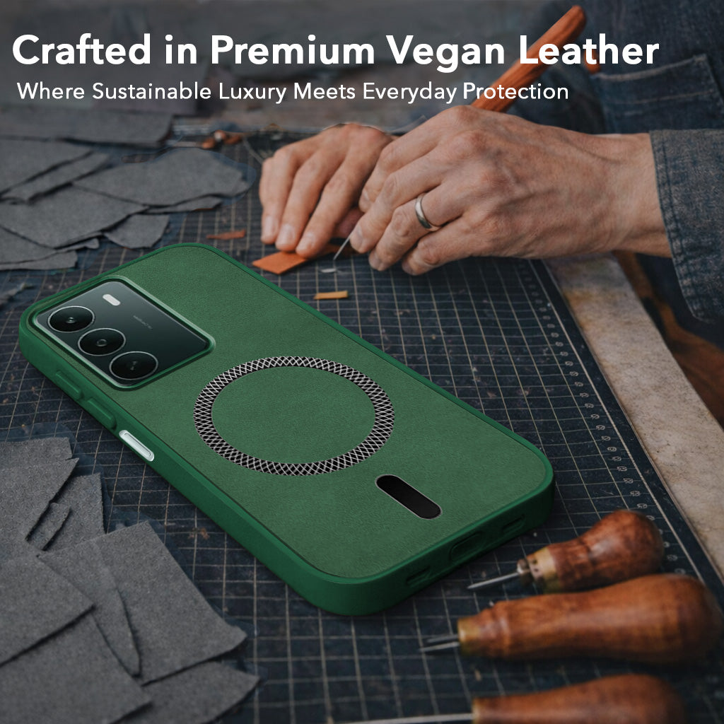 For Realme P3 lite Back Cover Case Leather Finish (MagSafe Compatible Wireless Charging | Soft Touch | Camera Bump Protection)