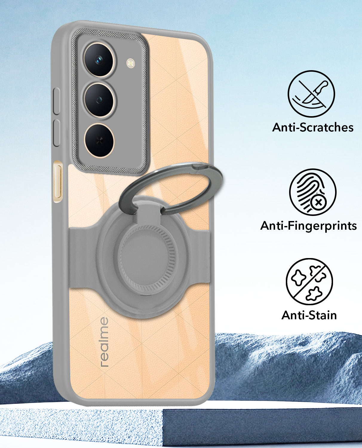 For Realme P3x Back Cover Case with stand (Built-in Ring Holder Kickstand | Lifetime Anti Yellow | Camera Protection)