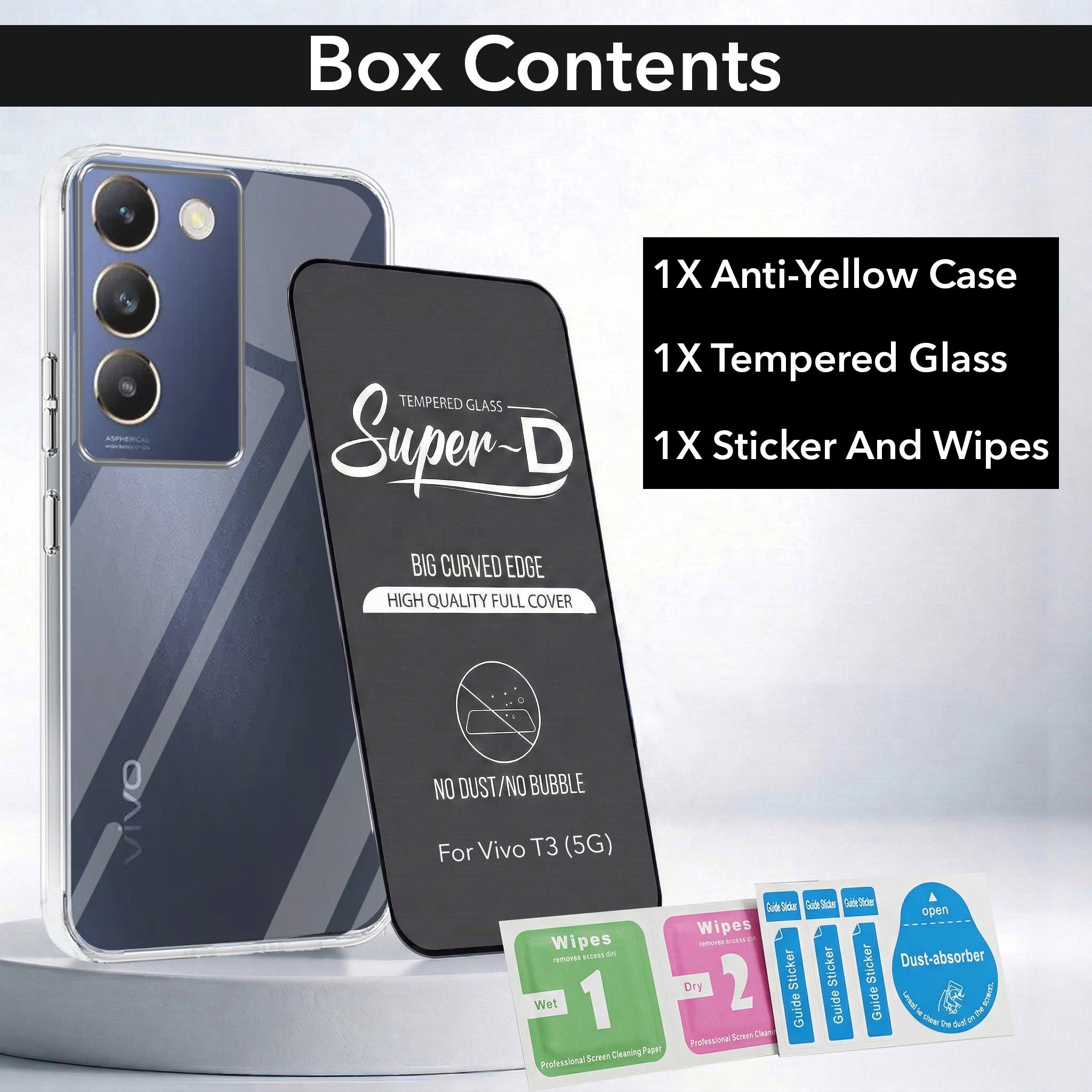 For Vivo T3 5G Combo with Back Cover and 9H Tempered Glass (Lifetime Anti-Yellow | Sleek Hard Crystal | Oleophobic Coating Screen Glass)