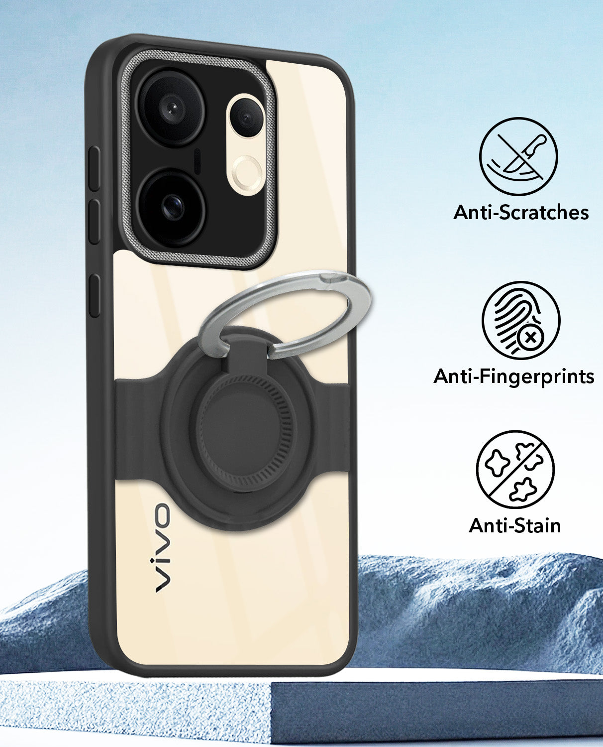 For Vivo X200 FE Back Cover Case with stand (Built-in Ring Holder Kickstand | Lifetime Anti Yellow | Camera Protection)