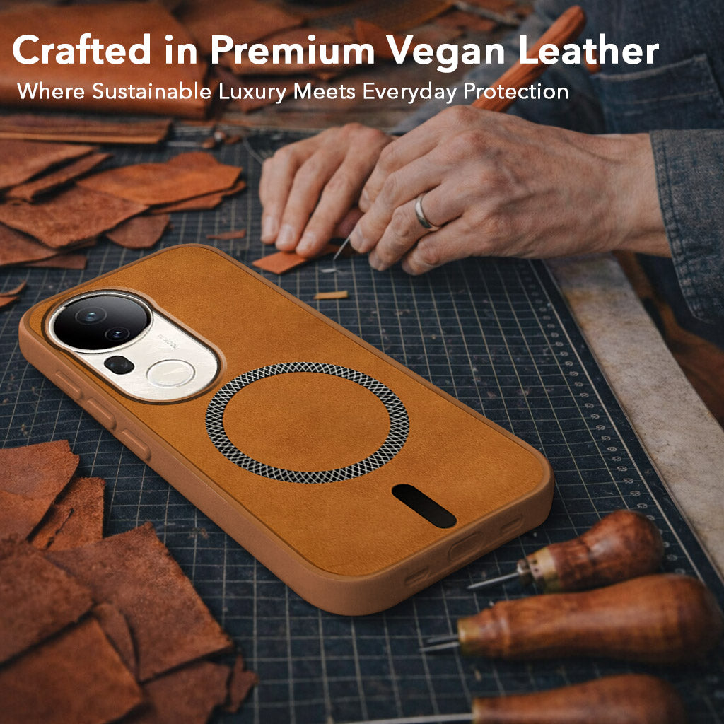 For Vivo T4 Ultra Back Cover Case Leather Finish (MagSafe Compatible Wireless Charging | Soft Touch | Camera Bump Protection)