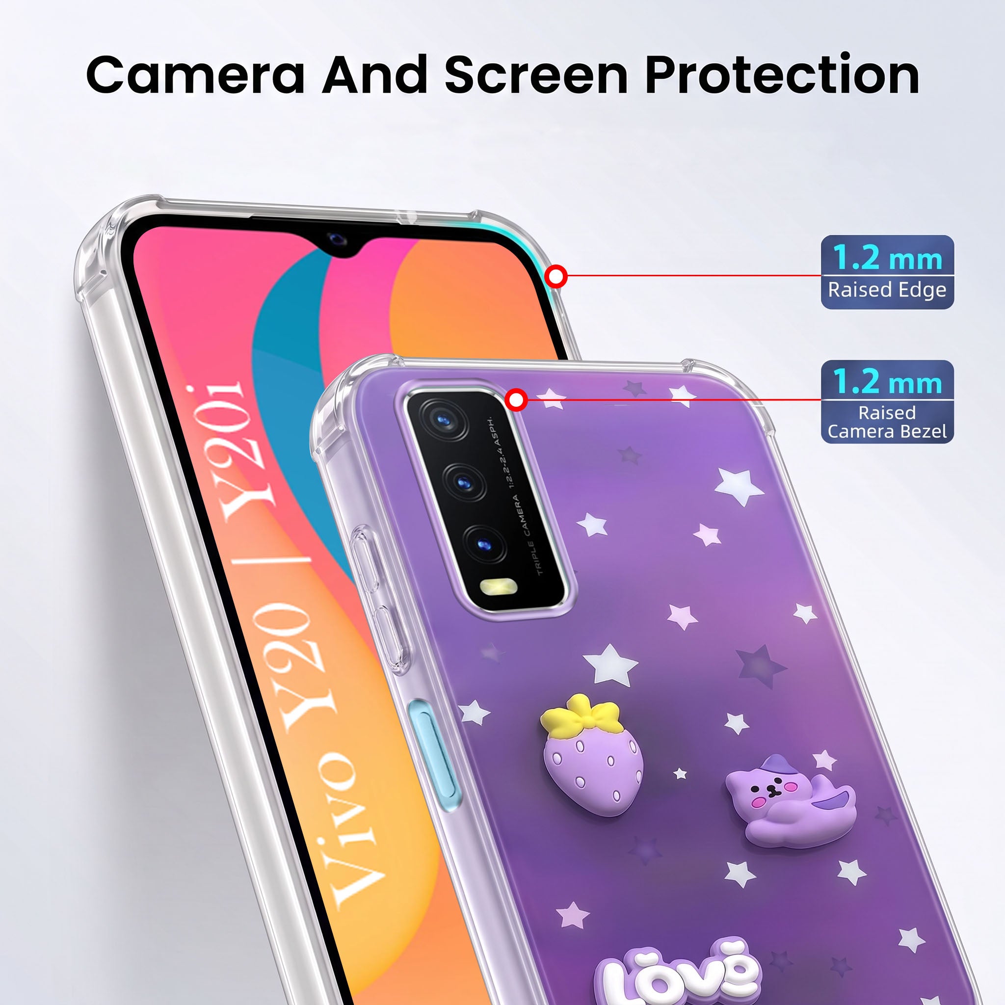 For Vivo Y20 | Y20i Back Cover Case (3D Cute Cartoons | Hard Back Side Soft | Matte Premium Finish | HD Printing)