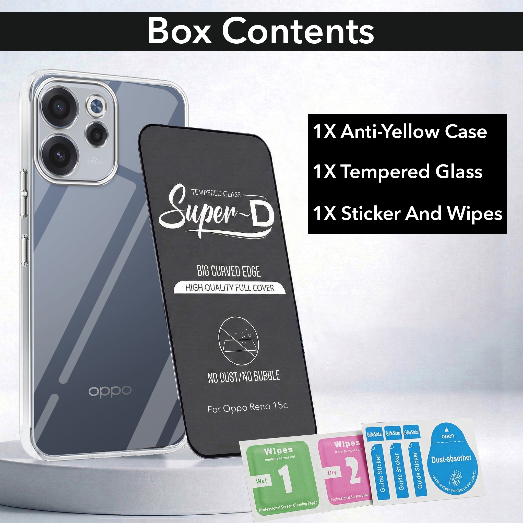 For Oppo Reno 15c Combo with Back Cover and 9H Tempered Glass (Lifetime Anti-Yellow | Sleek Hard Crystal | Oleophobic Coating Screen Glass)