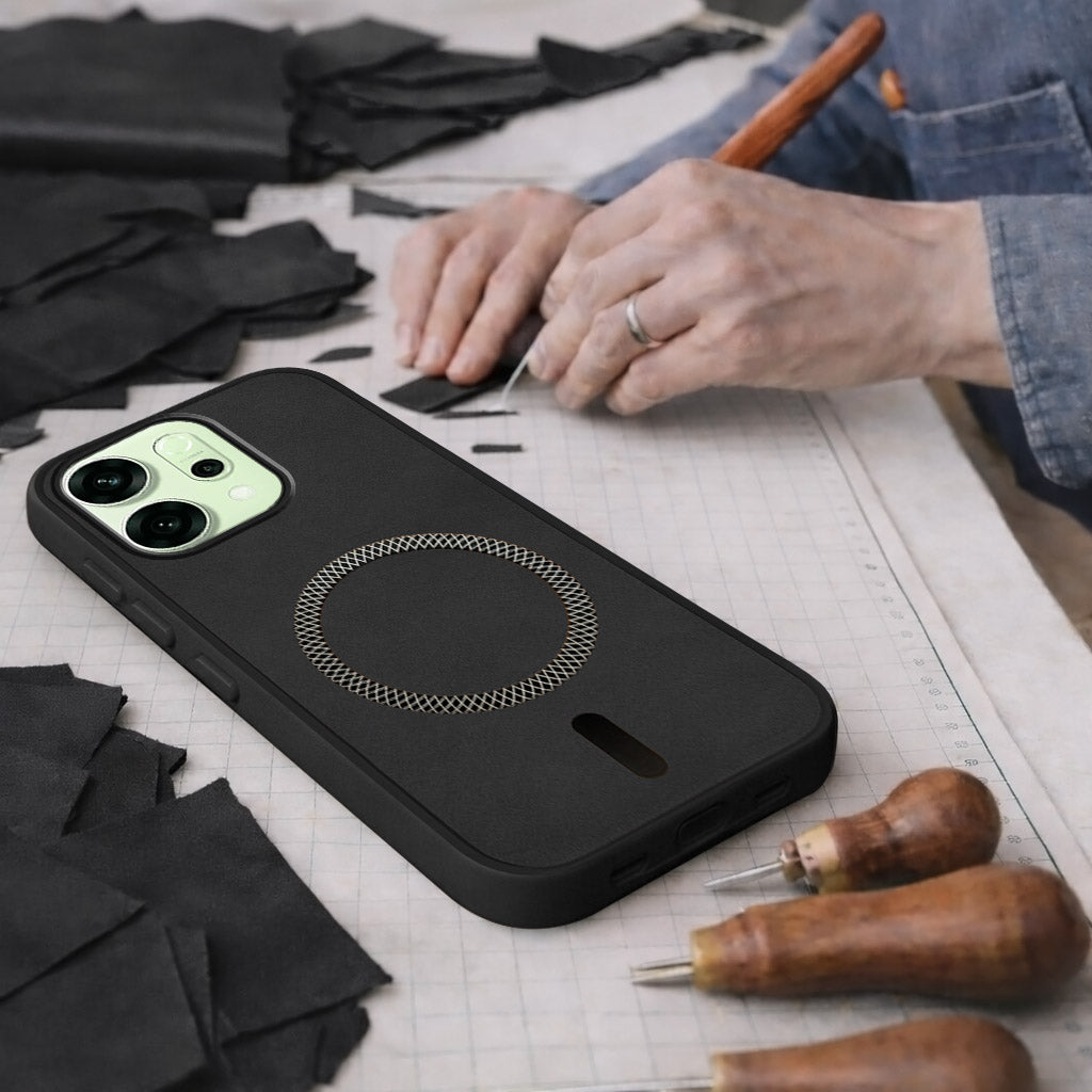 For Oppo Reno14 5G | Oppo Reno 14 5G Back Cover Case Leather Finish (MagSafe Compatible Wireless Charging | Soft Touch | Camera Bump Protection)